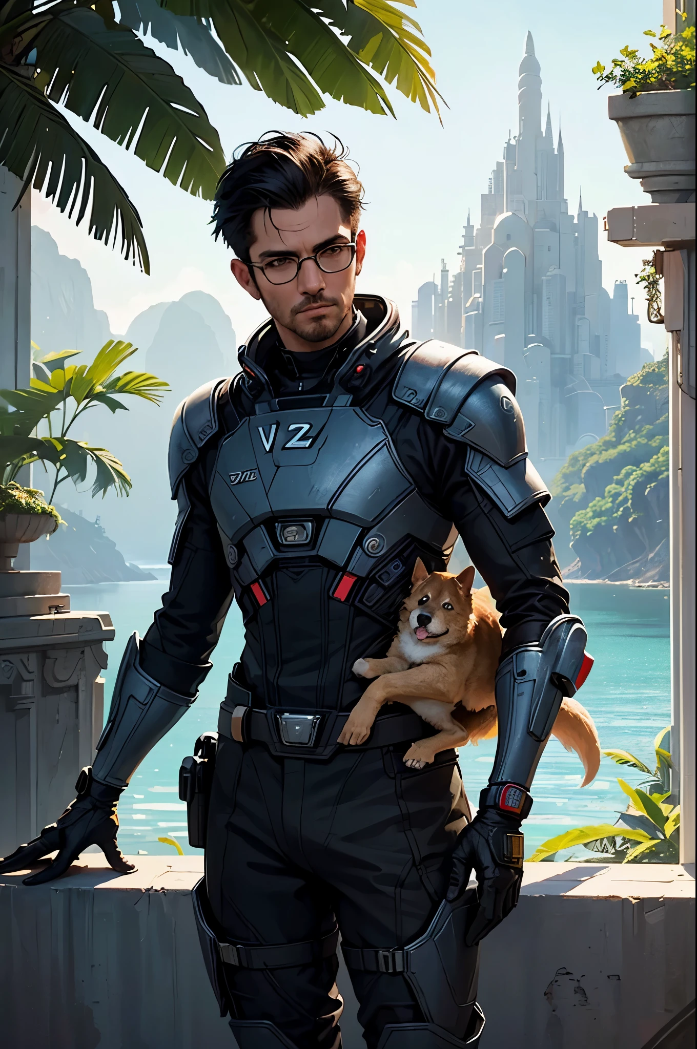 Man looking out from ship, man 30s, black hair, glasses, with dog, on spaceship, concept art, lush tropical planet and scenery, mass effect art, concept art, solar punk, water color, visible brush strokes, soft lighting, dynamic pose, golden hour, close-up