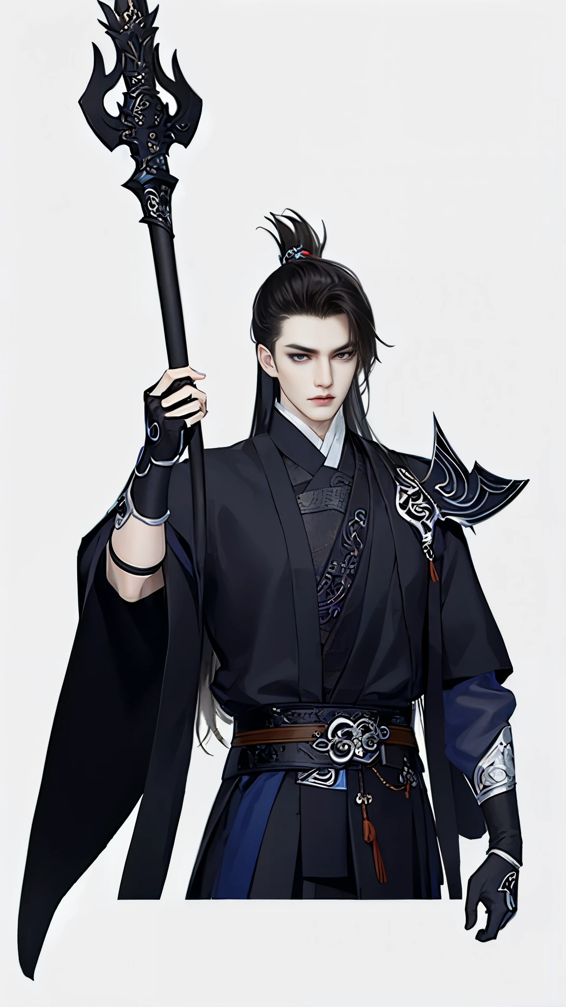 Wallpaper of boy wearing black clothes, Xianxia, The exquisite prince, Handsome guy in the art of slaying demons, Inspired by Bian Shoumin, author:Hero, swordsmen, inspired by Zhao Yuan, shirow masamune,Eye focus,详细的脸,Leather belt,white backgrounid,dynamicposes,((Narrow sleeves))