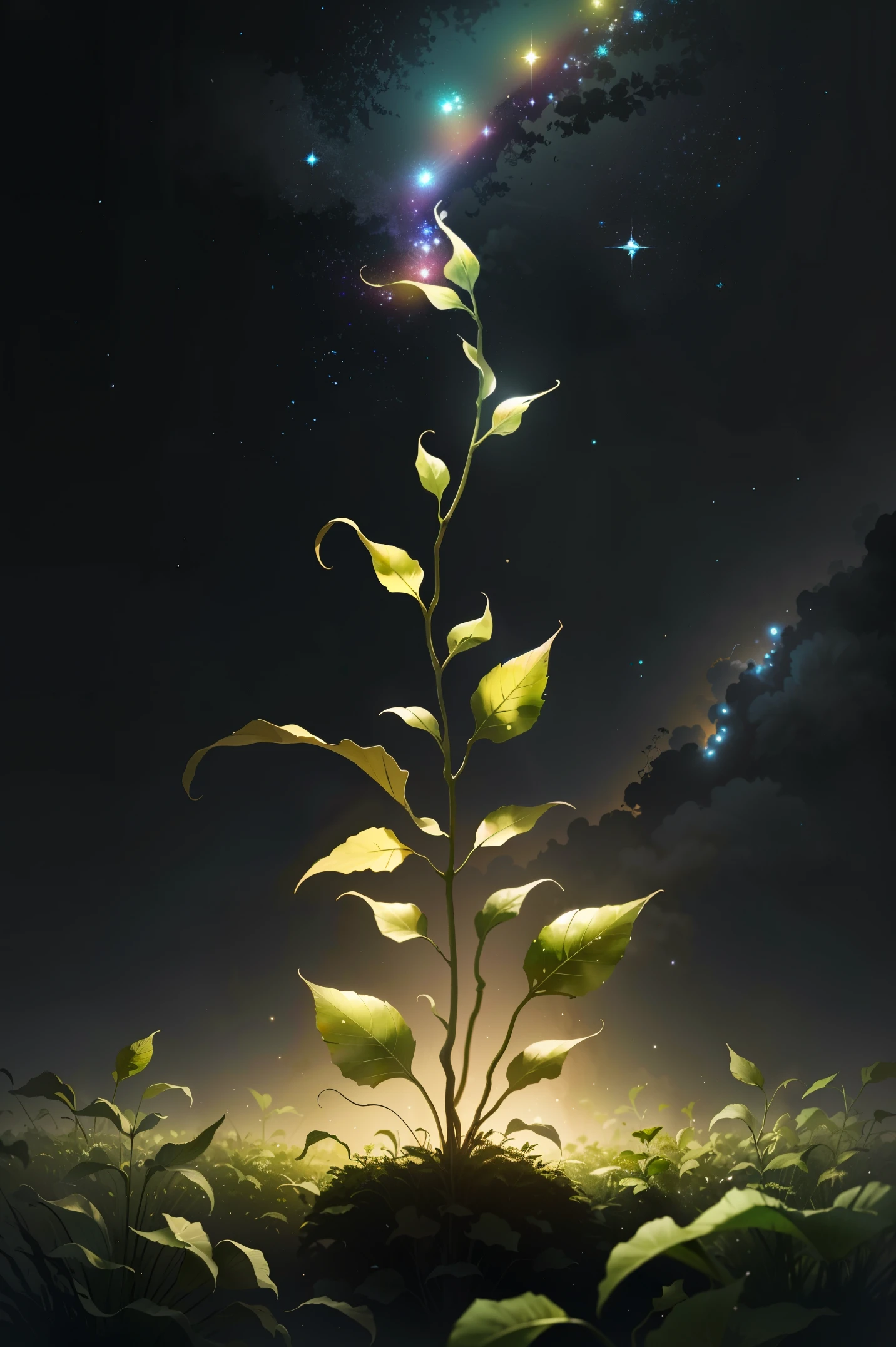 Mysterious magic plant,glittering with strange light on the emerald leaves,flowers blooming in colorful hues,vines dancing in the night sky,stars adding a mysterious atmosphere,oil painting-like picture quality,ultra high resolution