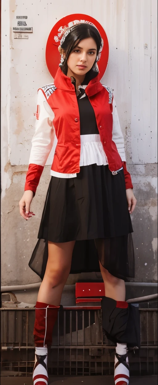 "(best quality, realistic), Girl with black hair, red and white dress