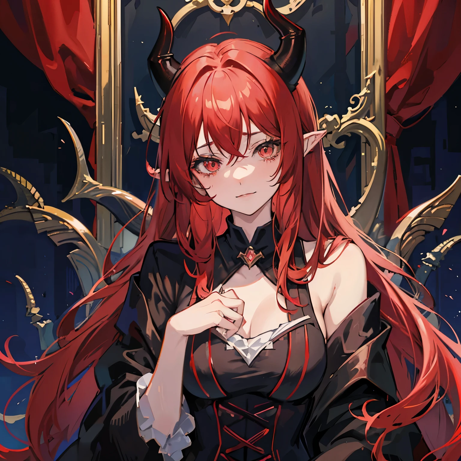 anime girl with red hair and horns in a black suit, hazel green eyes, demon anime girl, with horns, portrait of demon girl, demon girl, tiefling, portrait of a female demon, mika kurai demon, dnd portrait of a tiefling, [[[[grinning evily]]]], girl design lush horns, portrait demon half human, devilish