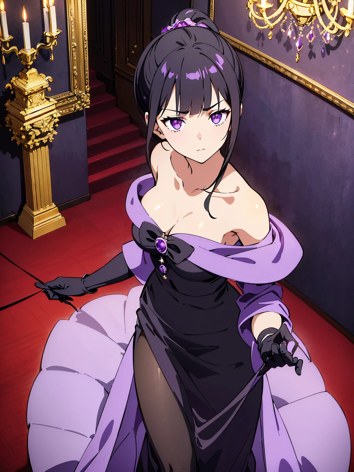 (best quality), high resolution, ((masterpiece)), 4k, portrait, looking at viewer, ((from above)), (upper body), ((1girl)), (((detailed black hair tied in low ponytail))), ((((hime cut hairstyle)))), (snowflake_hairclip), ((bright violet eyes)), slim figure, (a-cup breasts), long legs, ((narrow eyes)), (((wearing black aristocratic off shoulder dress with purple accents and ornaments))), (opera gloves), (amethyst accessories), stoic, cool, elegant, (walking down stairs), red carpet, chandelier, castle ballroom background