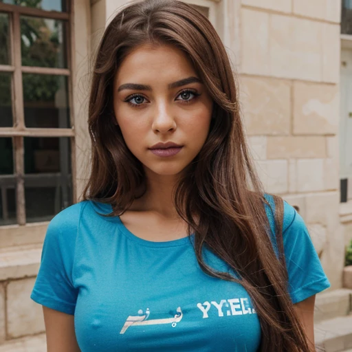 Palestinian girl with long brown hair and green eyes wearing makeup and eye liner and eye shadow and blue lipstick and wearing a blue T-shirt with short sleeves