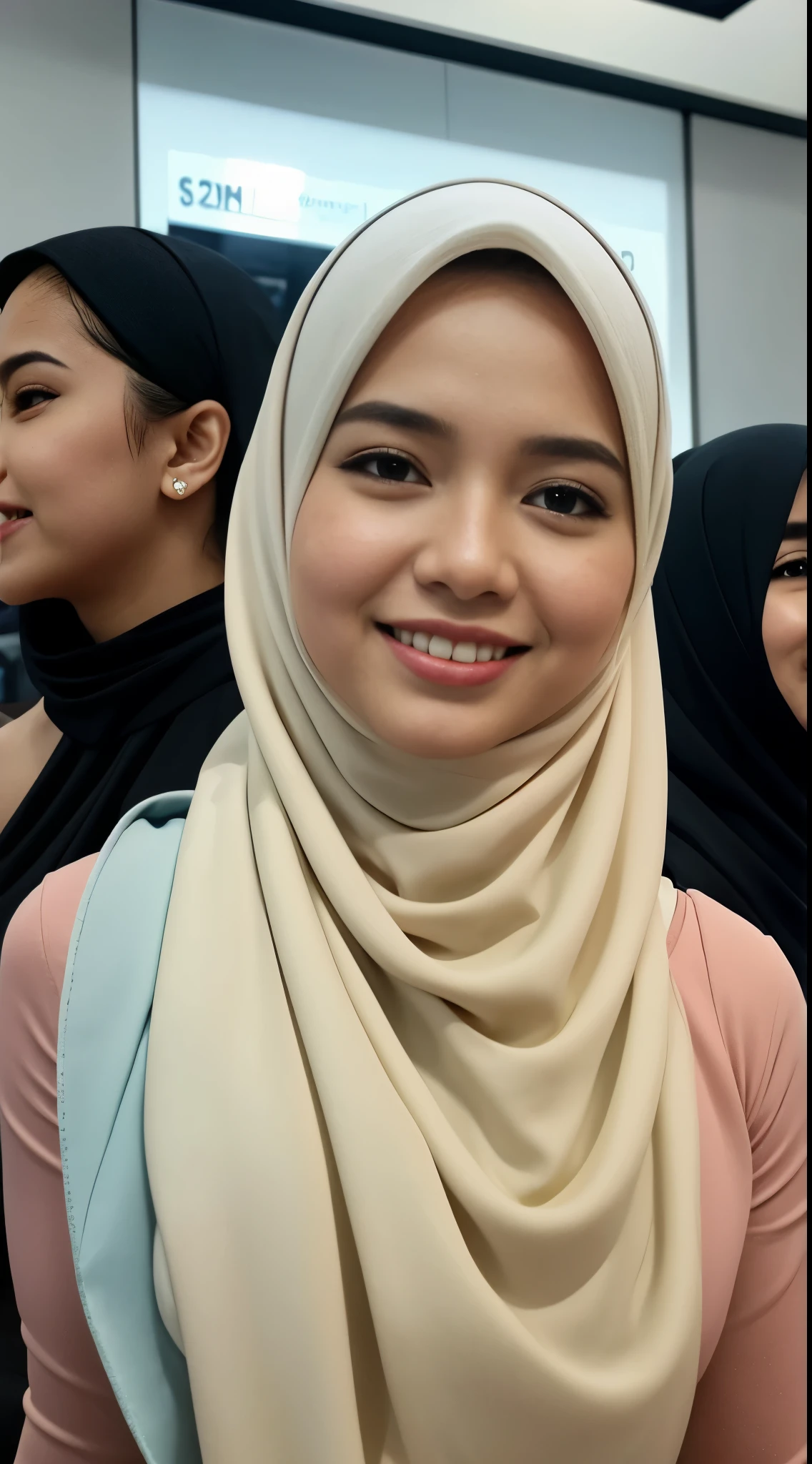 Malay girl long white hijab , wear sexy pastel blue office outfit, suits, smiling, wear gold necklace, front view, windy, detail skin, age spot, detail skin texture, mole below eyes, wide hips, thick thighs, beautiful body, morning, laughing, happy, bright lighting, people in background, nighttime, blur background, bokeh, location: kuala lumpur city street