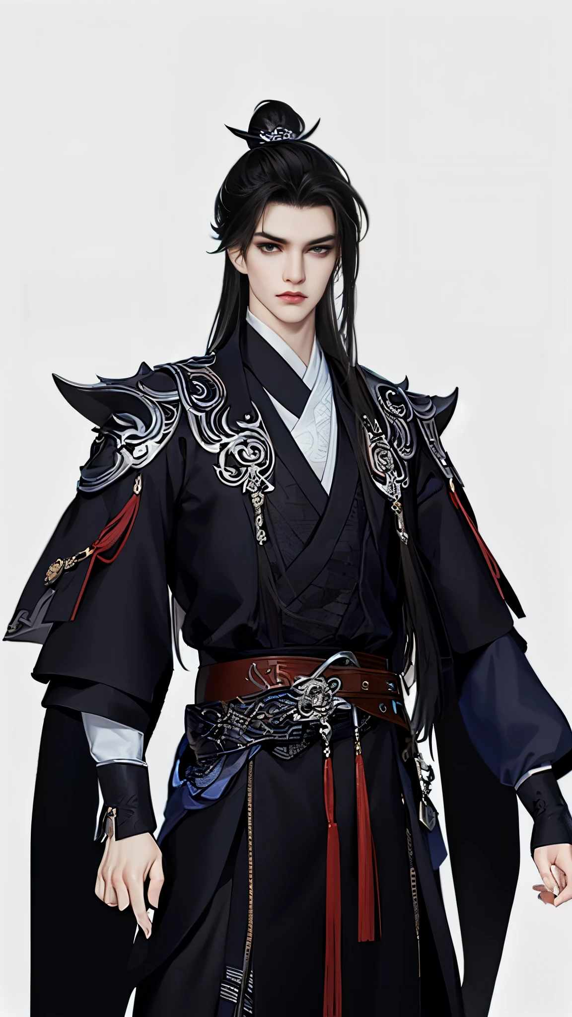 Wallpaper of boy wearing black clothes, Xianxia, The exquisite prince, Handsome guy in the art of slaying demons, Inspired by Bian Shoumin, author:Hero, swordsmen, inspired by Zhao Yuan, shirow masamune,Eye focus,详细的脸,Leather belt,white backgrounid,dynamicposes,((Narrow sleeves))