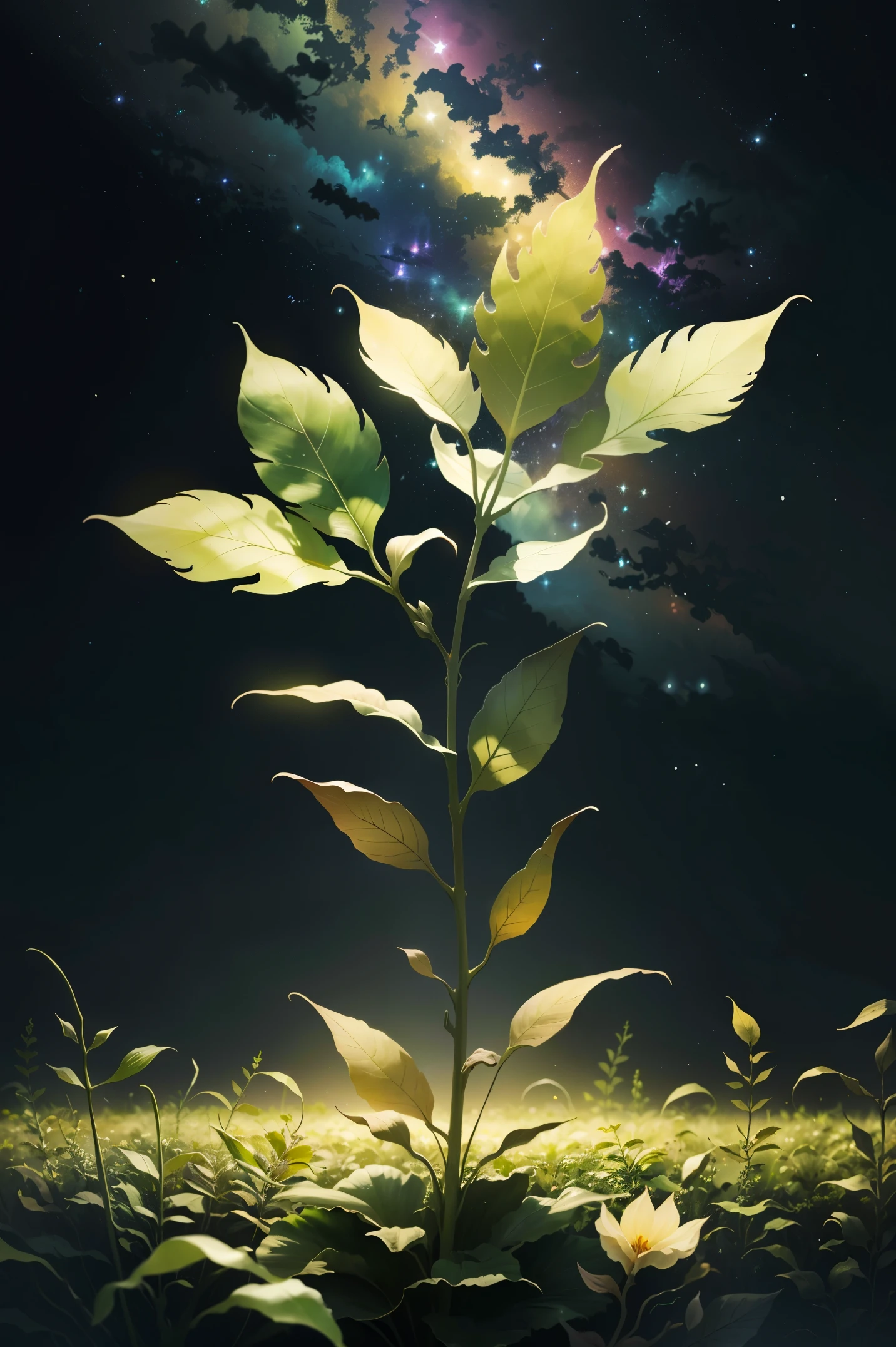 Mysterious magic plant,glittering with strange light on the emerald leaves,flowers blooming in colorful hues,vines dancing in the night sky,stars adding a mysterious atmosphere,oil painting-like picture quality,ultra high resolution