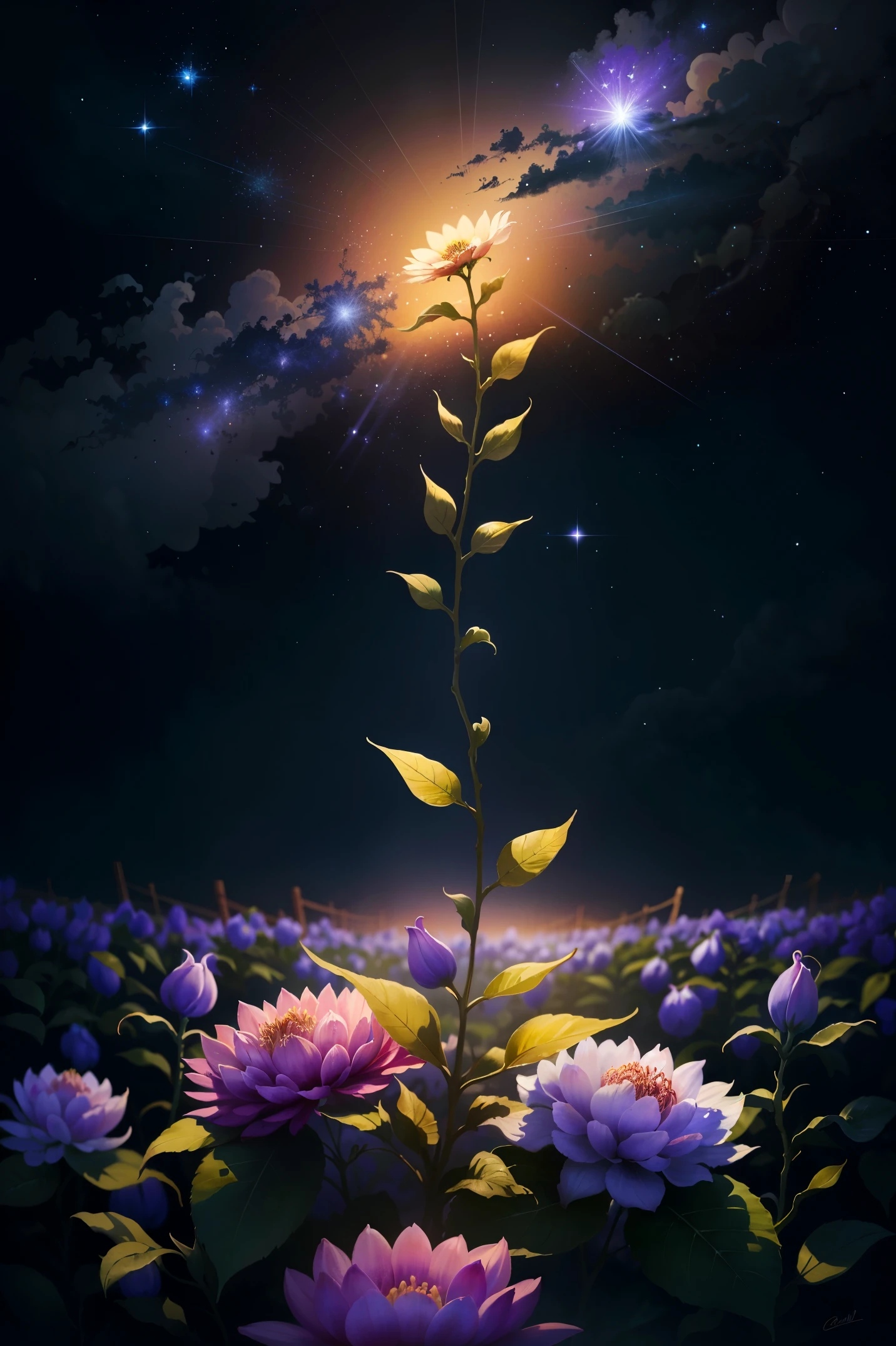 Mysterious magic plant,glittering with strange light on the emerald leaves,flowers blooming in colorful hues,vines dancing in the night sky,stars adding a mysterious atmosphere,oil painting-like picture quality,ultra high resolution