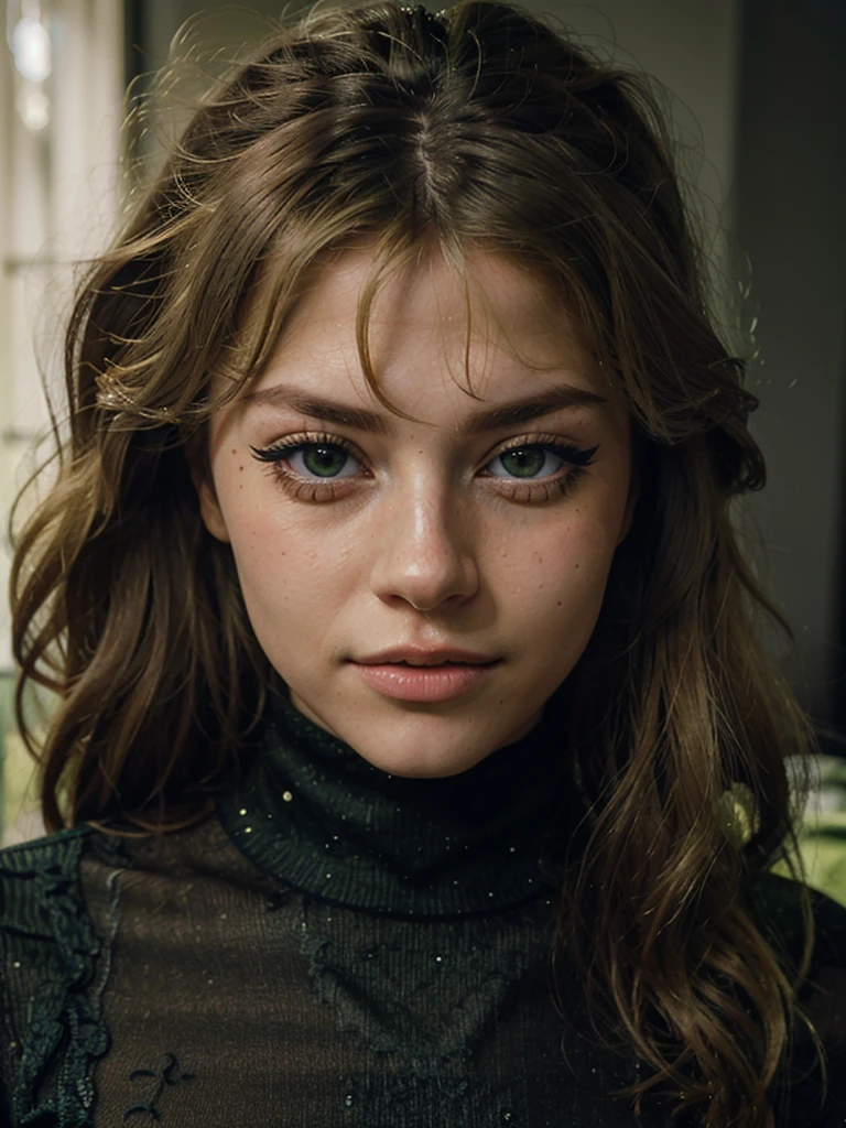 1 woman, ((blonde hair, green eyes, long eyelashes)), A stunning and intricate full color portrait of (SKS Woman:1), wearing a black turtleneck, epic character composition, By Ilya Kuvshinov, Bookmark position of Alessio Albi, Nina Masic, Sharp focus, Natural lighting, Subsurface dispersion, F2, 35mm, film grain, portrait photo of the face, detailed face, photo focused only on the face, close-up of the camera on the face
