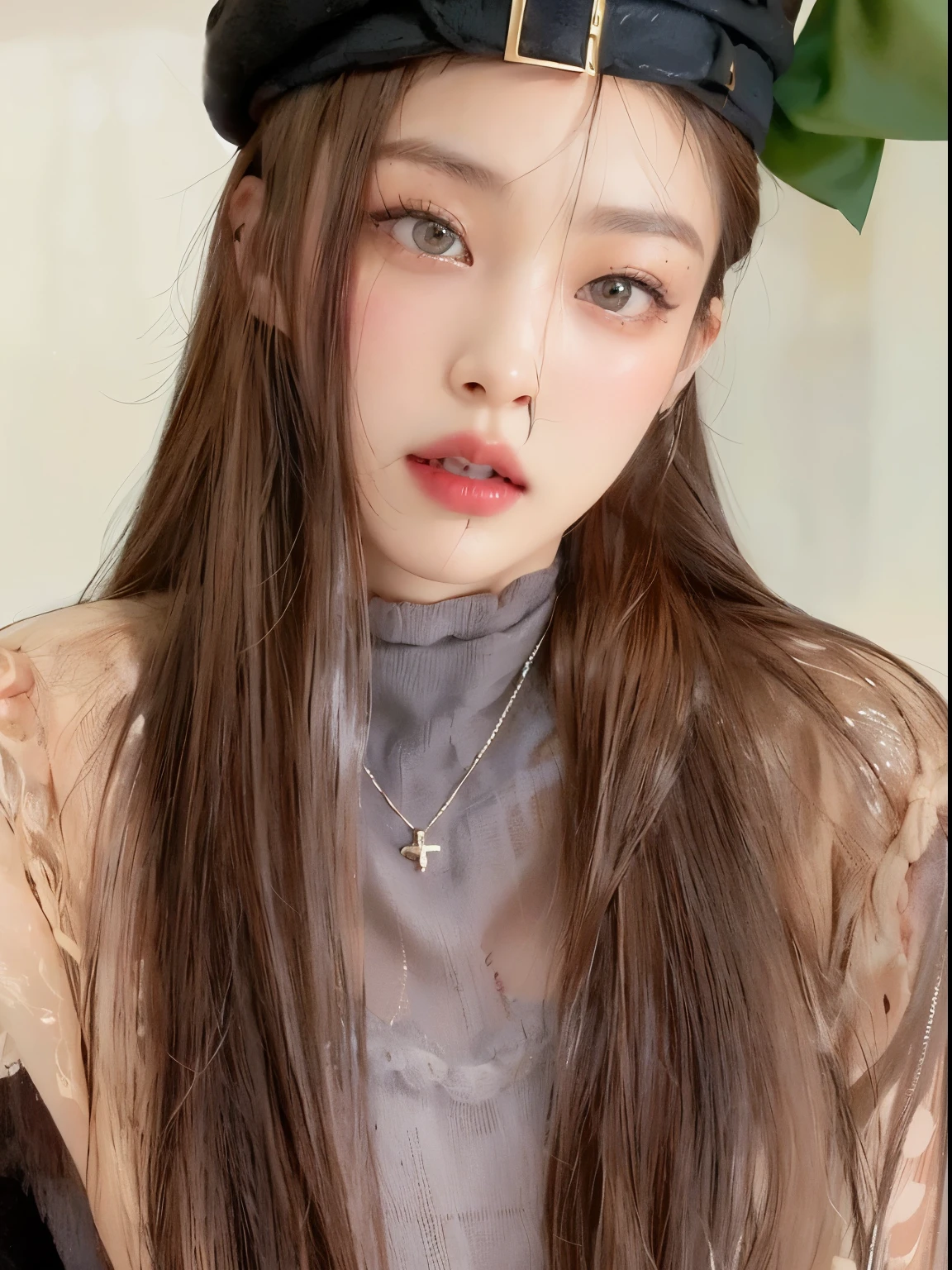 Un primer plano de una mujer con un sombrero y un collar, ulzzang, maquillaje coreano popular, asian girl con el pelo largo, Chica coreana, con el pelo largo, Long brown hair, maquillaje popular de Corea del Sur, brown long hair with bangs, con el pelo largo and piercing eyes, Peinado liso, Jaeyeon Nam, Peinado blanco de corte hime, Hermosa mujer surcoreana