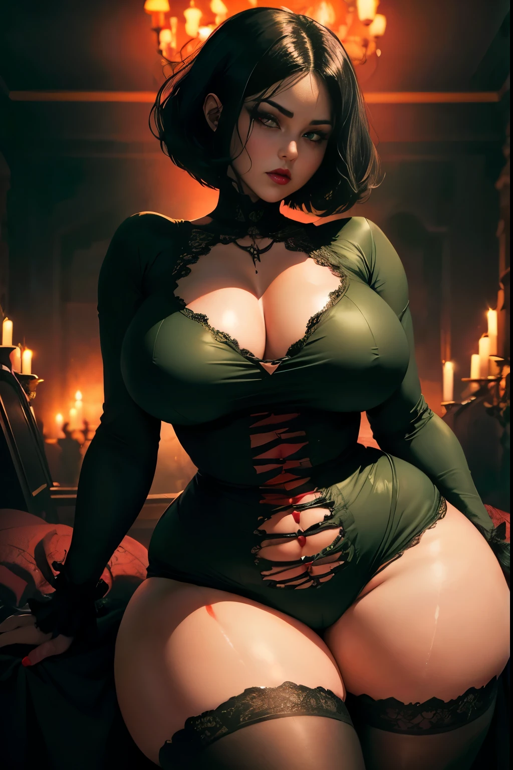 Mother Vampire woman, short black hair, ((((thick thighs)))), ((((wide hips)))), in dark spooky mansion, big breasts, ((wearing green romper)), red glowing eyes, red lips, (((long legs))), seductive, (((tall woman))), laying belly down, showing butt, top down veiw