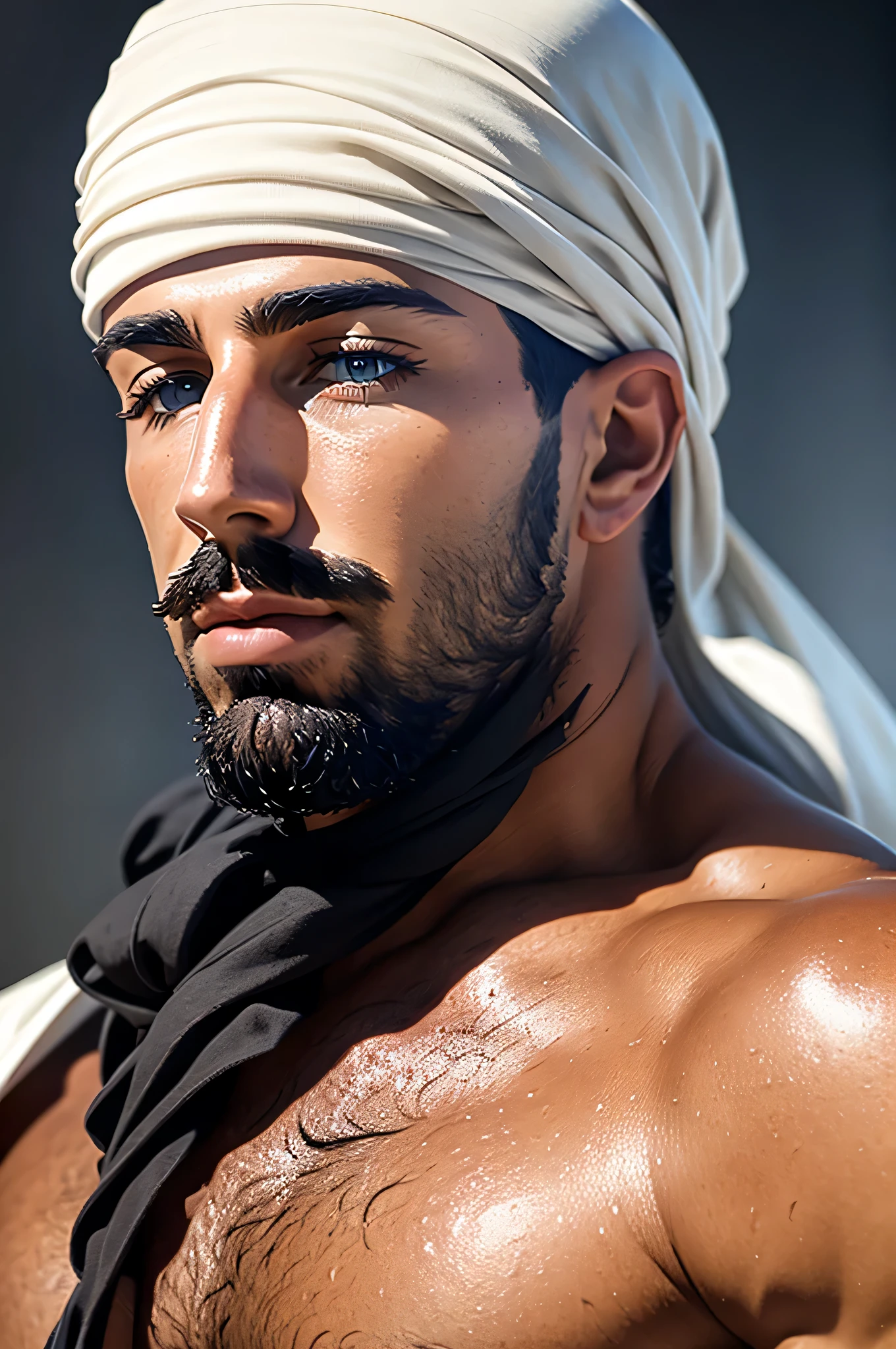 faaris azura, arabic fashion, arabic style, thobe, turban, close up