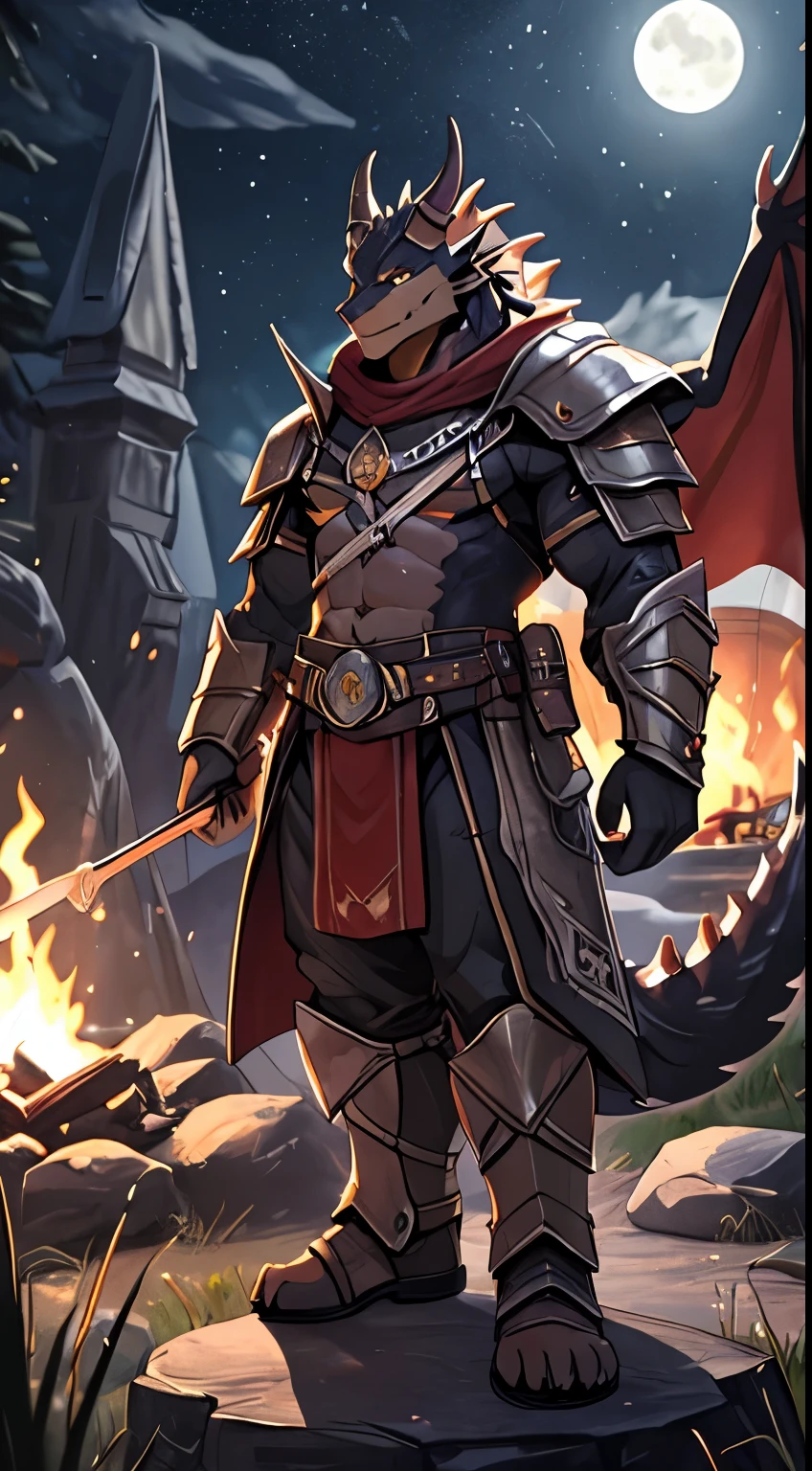 Masterpiece, Top Quality, Super Detail, Male, Handsome , Midnight, Fantasy,Camp Fire, Depth of Field , Draconian , Dragon Tail , Draconian Armor
