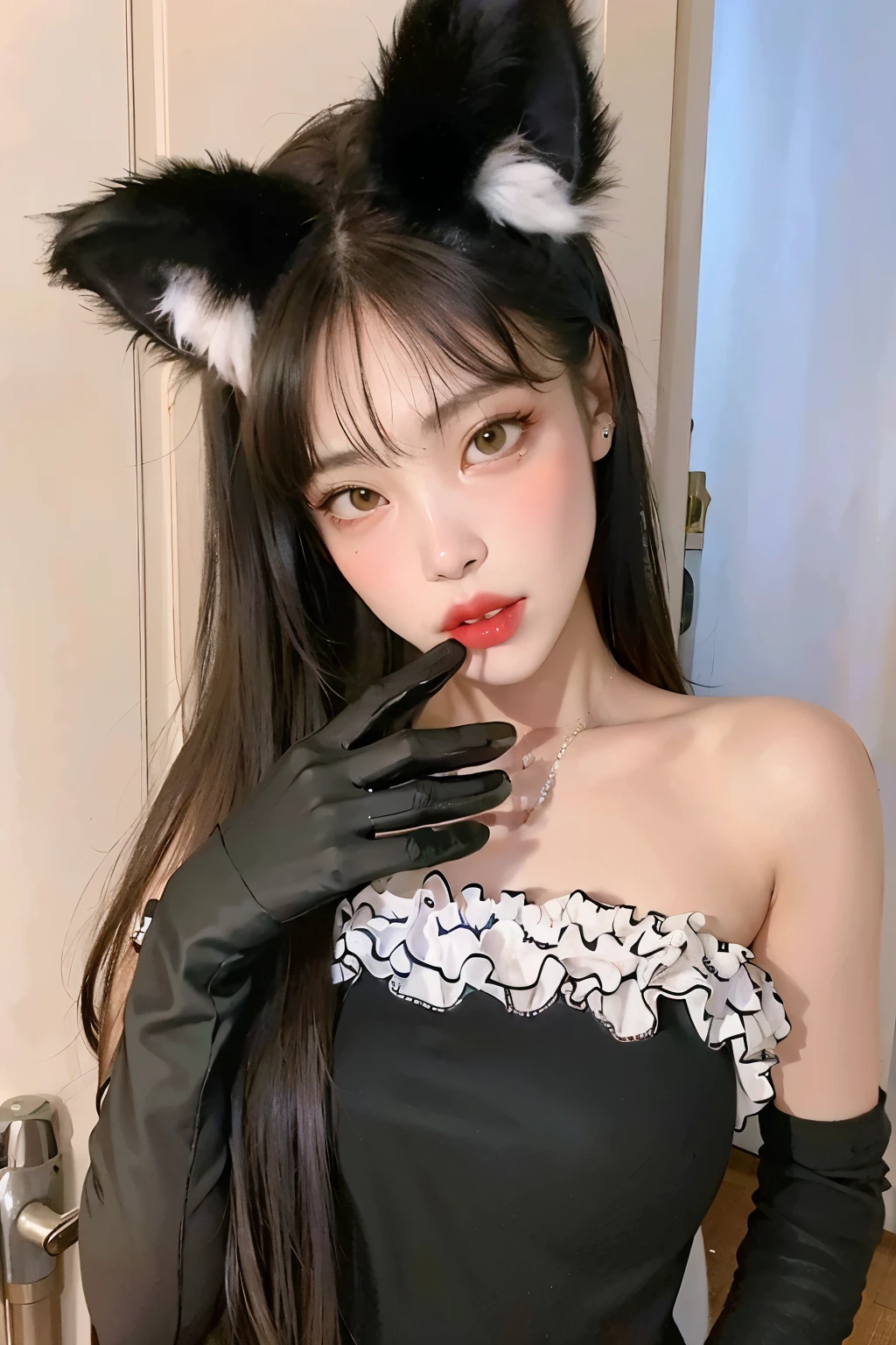 um close de uma mulher com cabelos longos e luvas pretas, cruel korean goth girl, Ulzzang, com cabelos longos e olhos penetrantes, Sakimichan, cabelos pretos e olhos grandes, rosto sexy com maquiagem completa, ultrarrealista doce coelhinho menina, ( ( Olhos negros profundos ) ), encantadores olhos negros, wan adorable korean face, muito bonita gatinha fofa