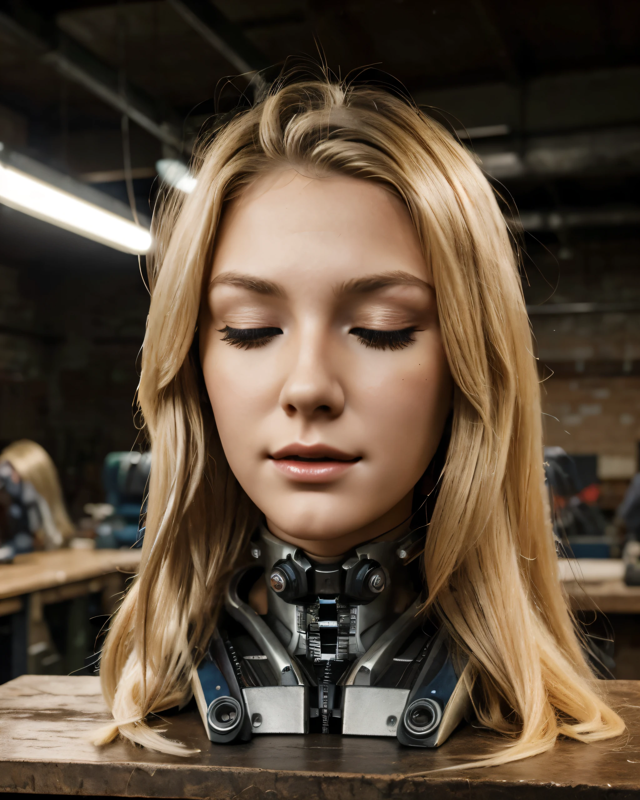 ((disembodied head on workbench)), headless, , young, realistic skin, long curled blonde hair, (eyes closed), wearing makup, robotic, wires, (realistic), realistic indoor lighting, (best image, best quality)