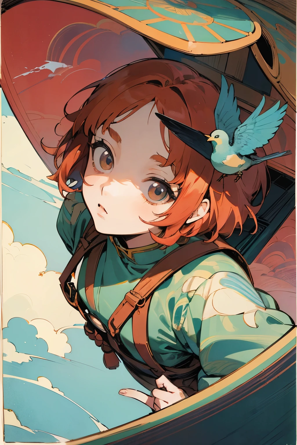 Katsuhiro Otomo, Shigeru Hatsuyama, Surreal, mysterious, bizarre, fantastical, fantasy, Sci-fi, Japanese anime, multicolor watercolor woodblock print style, one-seater harness plane, bird's-eye view, beautiful girl aviator, perfect voluminous body, detailed masterpiece