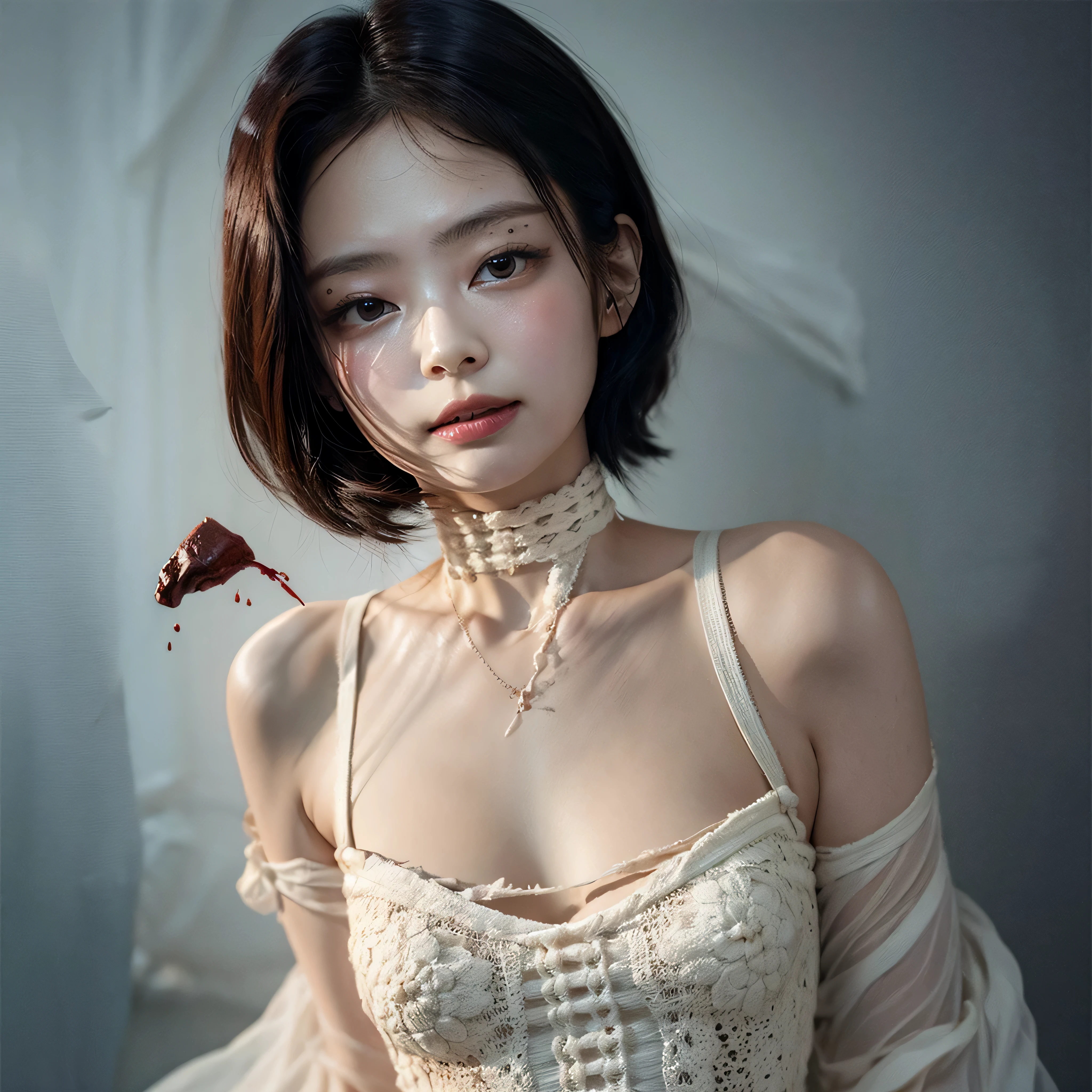 corpse, sinister, female, thin, pale, looking at the camera, ultra realistic, fully detailed, cemetery environment, bright eyes, white dress torn and stained with blood, bones exposed, putrid wounds, , terrifying, bruised by the body, exposed fracture in the collarbone, slight smile, super detailed, black short hair, blood and wounds, stab wounds on body, dirty clothes, Jennie Kim,