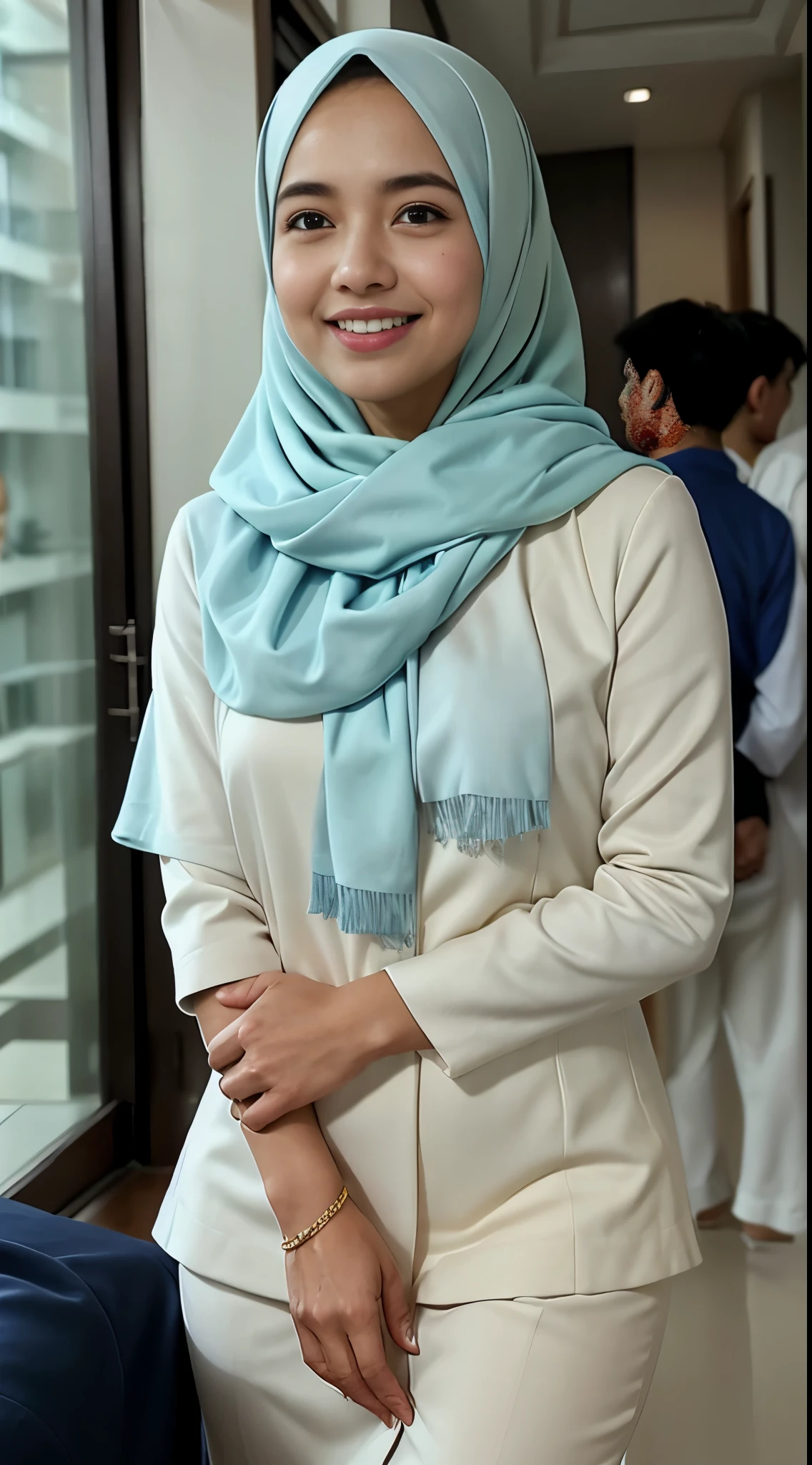 Malay girl long white hijab , wear sexy pastel blue office outfit, suits, smiling, wear gold necklace, front view, windy, detail skin, age spot, detail skin texture, mole below eyes, wide hips, thick thighs, beautiful body, morning, laughing, happy, bright lighting, people in background, nighttime, blur background, bokeh, location: kuala lumpur city street