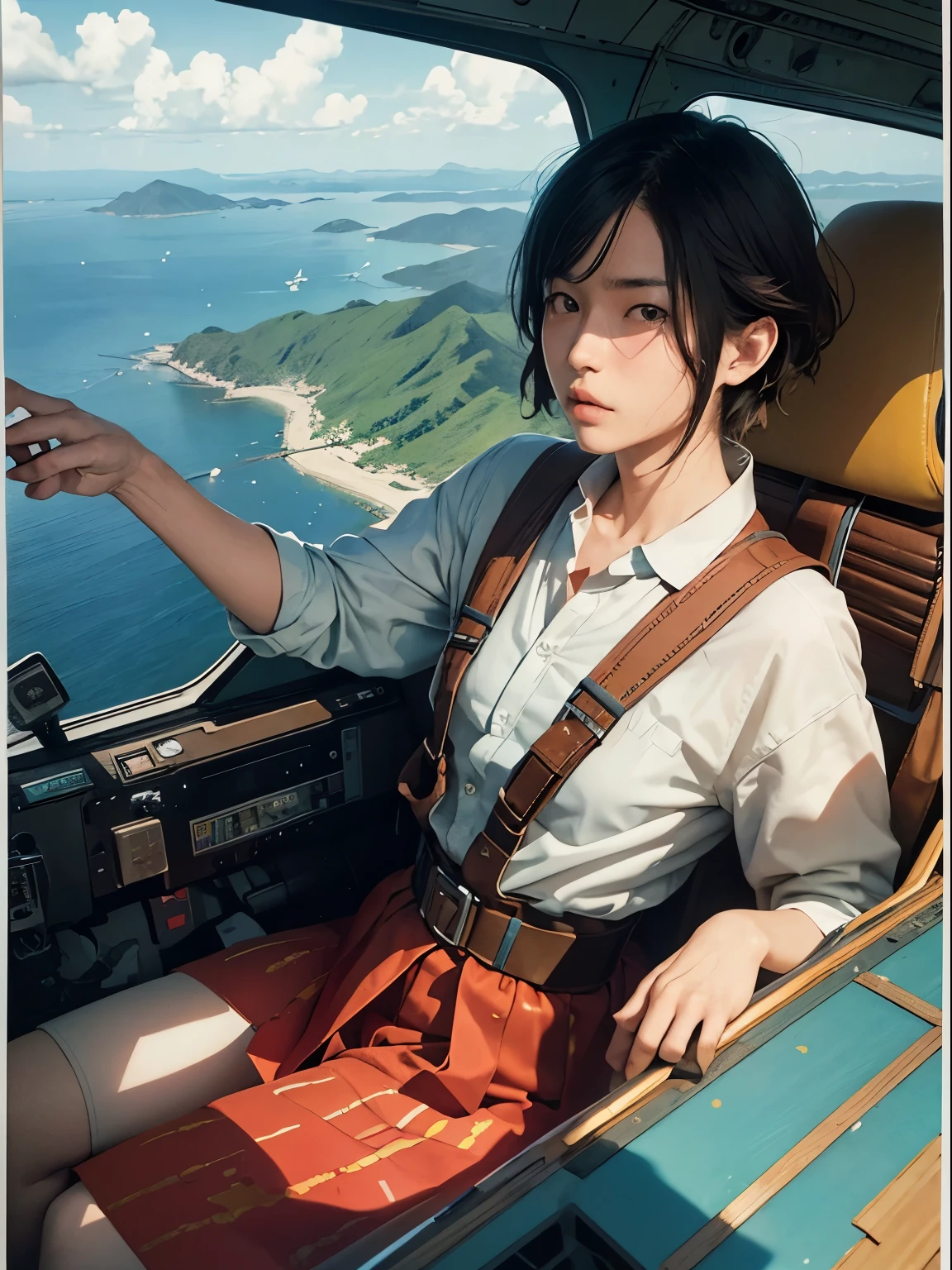 Katsuhiro Otomo, Shigeru Hatsuyama, Surreal, mysterious, bizarre, fantastical, fantasy, Sci-fi, Japanese anime, multicolor watercolor woodblock print style, one-seater harness plane, bird's-eye view, beautiful girl aviator, perfect voluminous body, detailed masterpiece