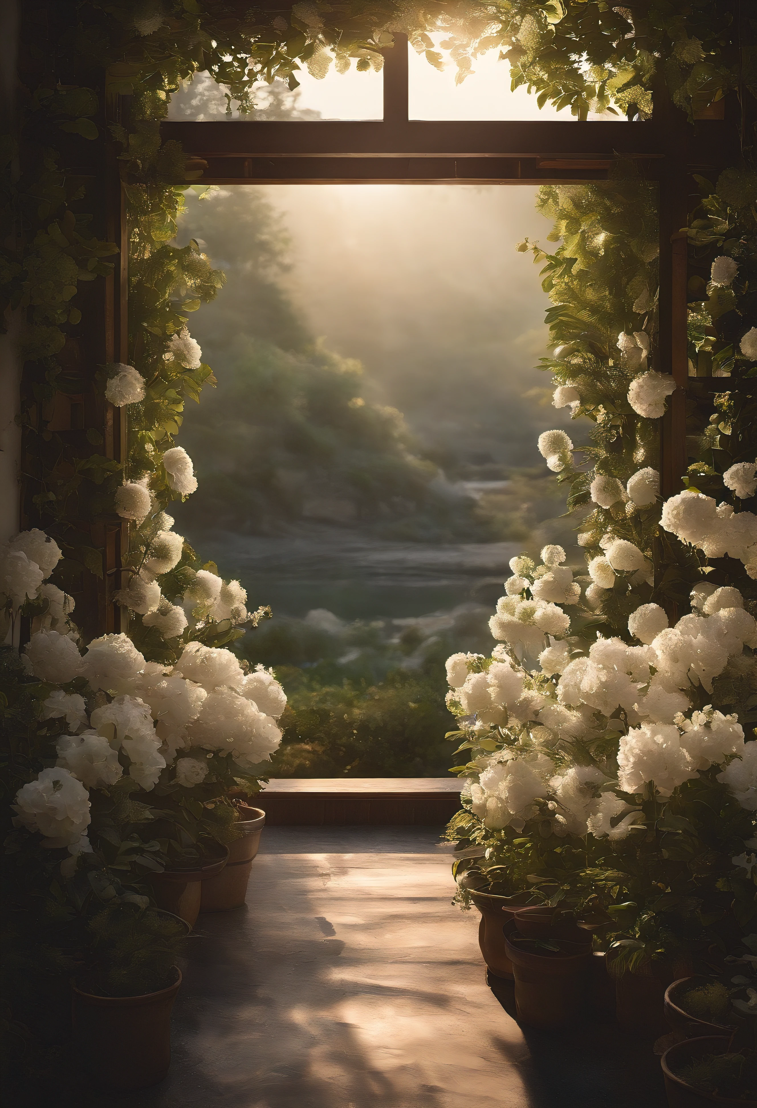 一片White flowers海，and the sun was shining brightly，The light from the rear window is backlit，There is an open space in the middle of the sea of flowers，there is space between，There is a path in the center of the screen，The path leads to the distance，Near real and far virtual，White flowers，There is a road in the middle that leads to the distance，the setting sun，变得and the sun was shining brightly，Background with，detail-rich，フォトリアリスティック，真实感，4K分辨率，Rich texture，The painting style is gentle