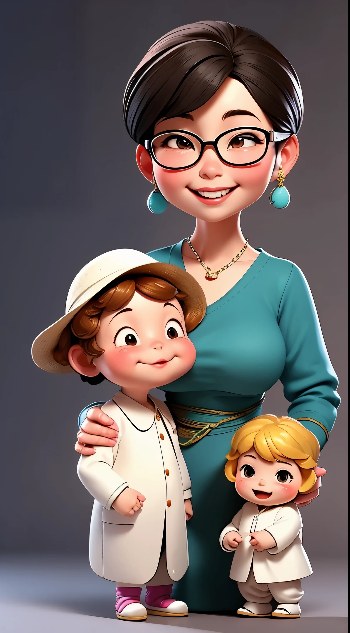 Girgeous , simple , lovely asian woman . So much love to her beautiful grandchildren ,  2  boy and 6months girl. The boy lovingly hug his grandma and the girl is smiling. They all wear white clothes. Charming , warming , peaceful , happily they are.