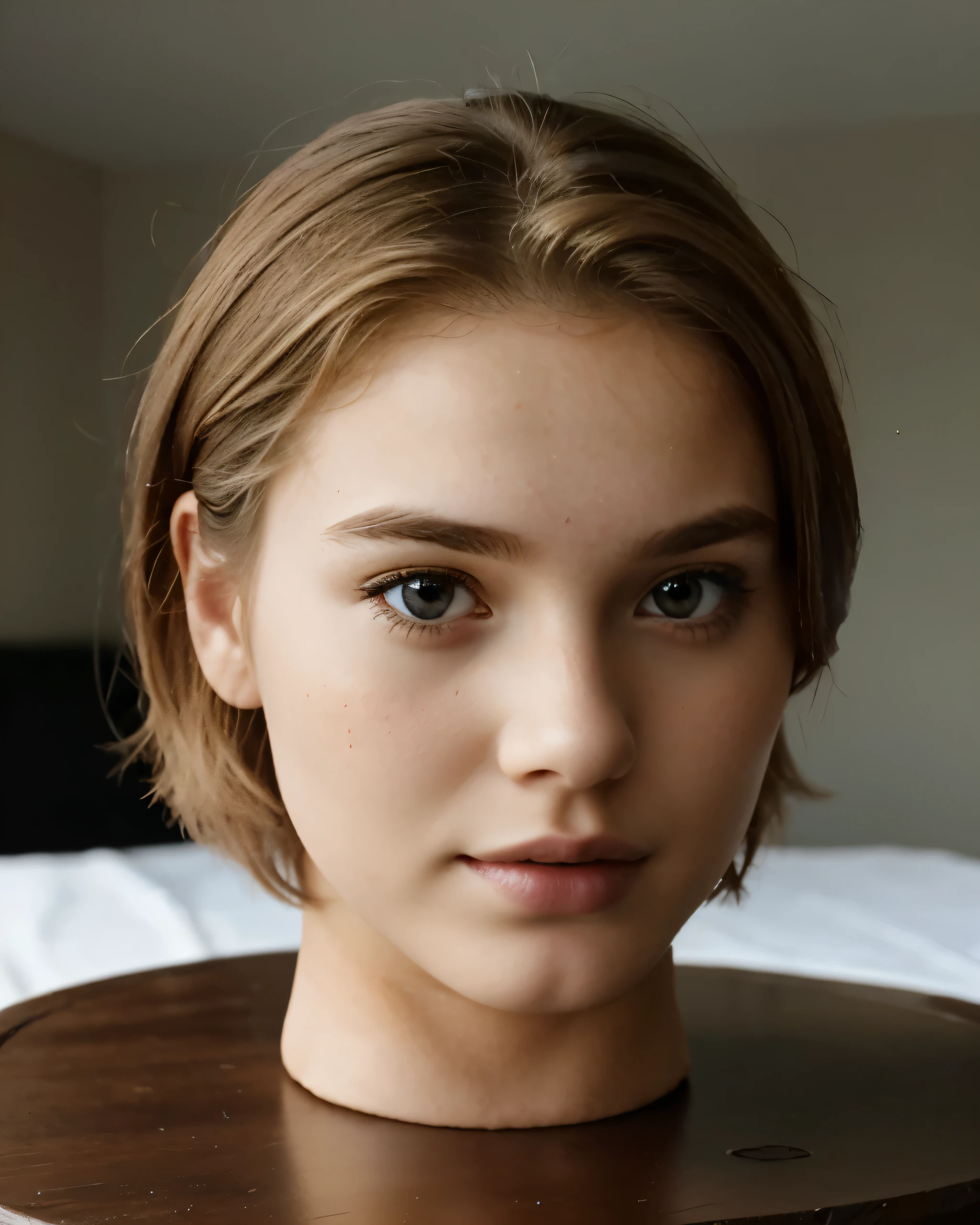 ((disembodied head on table)), headless, beautiful teen, young, highly detailed skin, short blonde brown hair, wearing makup, (realistic), realistic indoor lighting, (best image, best quality)