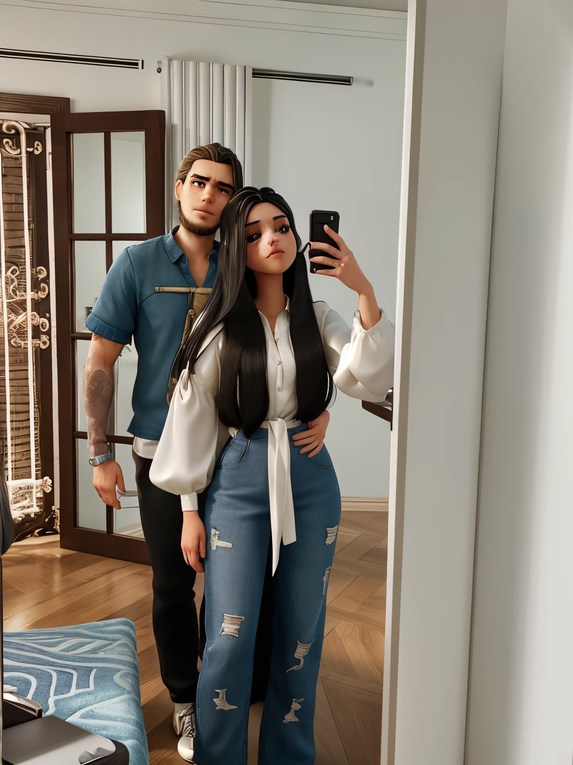 They are standing in front of the mirror, she is holding her cell phone in her left hand., She is wearing a long-sleeved white blouse with her hair in the front and reaching down to her waist., he is behind her with one hand on her waist, de camisa preta e corrente