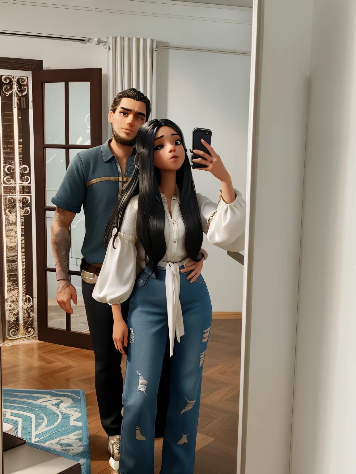 They are standing in front of the mirror, she is holding her cell phone in her left hand., She is wearing a long-sleeved white blouse with her hair in the front and reaching down to her waist., he is behind her with one hand on her waist, de camisa preta e corrente