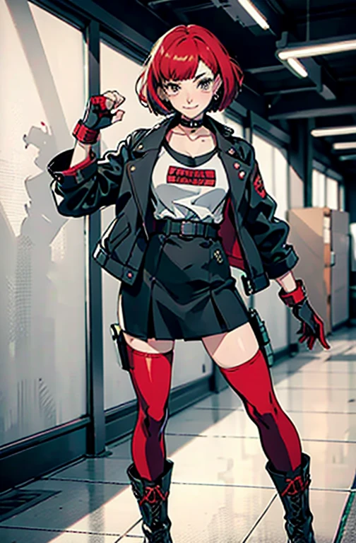 in the art style of persona 5, smal breast, delinquent, (sukeban), mature_female, blush, mature, older woman, 25 years old, Sukeban teacher outfit, (1girl, solo female, solo, solo focus)++++, choker, sukeban school teacher, sukeban school fighter, long_sleeves, open jacket, blue jacket, jean, light skin tone female, full body, jacket, biker jacket, tape, arm_support, gloves, red_gloves, bridal gauntlets, nail polish, boots, hioots, black_footwear, fighter outfit, full body, hourglass, mature face, cheeky smile, cheeky face, wrinkles, (red hair, short hair, bob cut, earrings, ear piercings), red eyeighting art, Martial arts, standing, fighting_stance, fight, fighting), extra colors, 2D, megapixel, perfectionism, accent lighting, full HD , (Masterpiece:1.2), (full-body-shot:1),(cowboy shot:1.2), (Highly detailed:1.2),(Detailed Face:1.2), Colorful, A detailed eye, (Detailed landscape:1.2), (natural lighting:1.2), ((sukeban school teacher)) by Vincent Di Fate: Aidyllery, Anamorphic Shot, rule of thirds, face by Artgerm and WLOP,