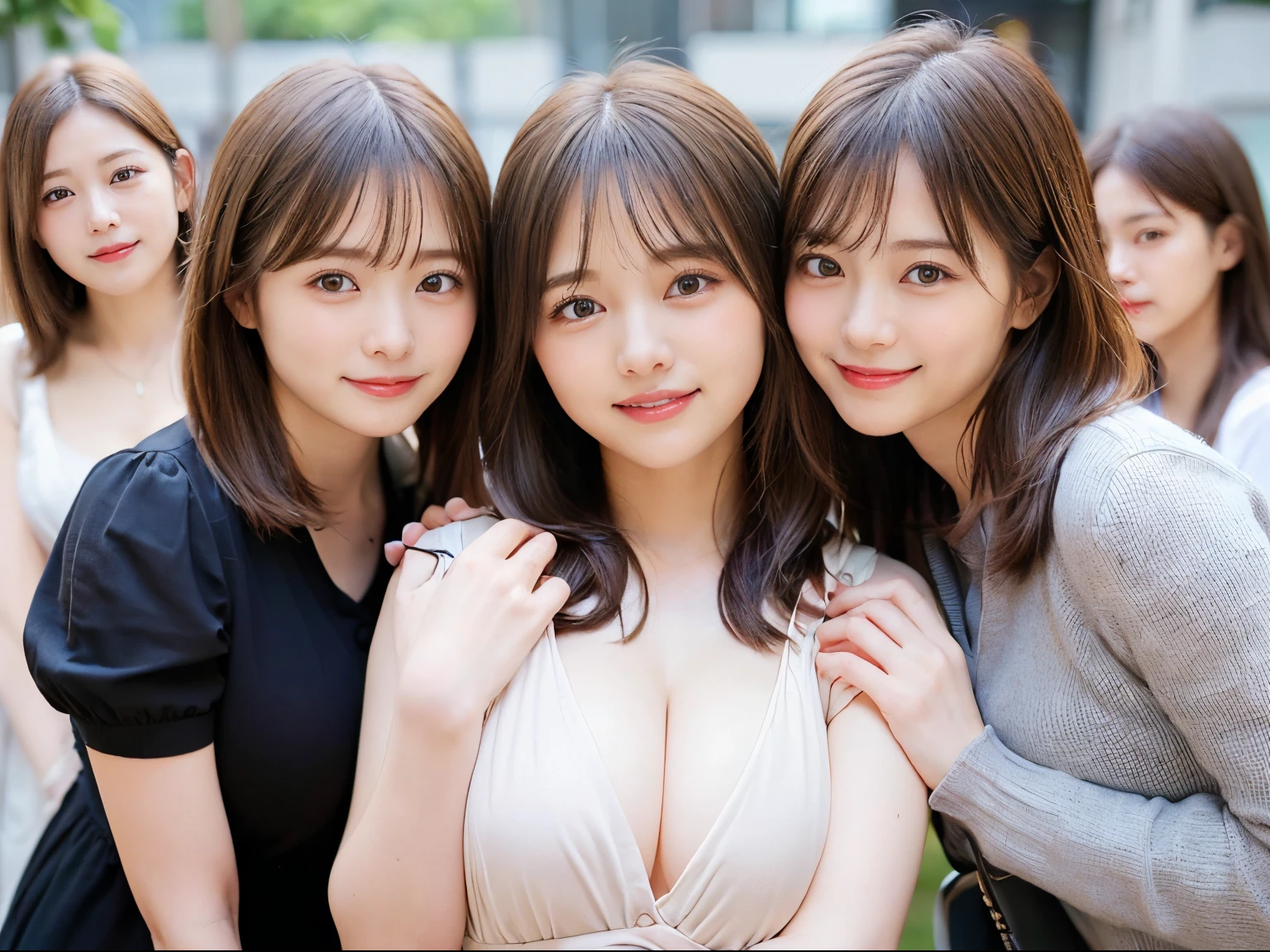 femele3a person、masutepiece, Best Quality, Ultra-detailed, finely detail, hight resolution, in 8K, ((Photorealsitic:1.4, Raw photography, 超hight resolution,Top image quality: 1.4)), Wallpaper, , Beautiful detailed eyes, Natural Color Lip, ((A big smile:1.5)), ((Random and cute hairstyles)), , ((breastsout部が開いた:1.5)), Office lady style clothes, ((breastsout、arm under look eyewear:0.9)), ((from the front side)), ((Random blurry background)), ((Random and cute facial expressions)),, ((3a personの女の子達、3a personが並んで前かがみになっています:1.5)) very detailed and professional lighting、 ((Random and cute facial expressions:1.5))、