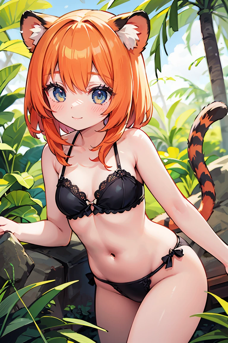 masterpiece, extremely detailed, volumetric light, 1girl, tiger themed succubus, orange hair, tiger ears, tiger tail, tiger eyes, smile, sunny, in a jungle, blushing, (beautiful detailed eyes)