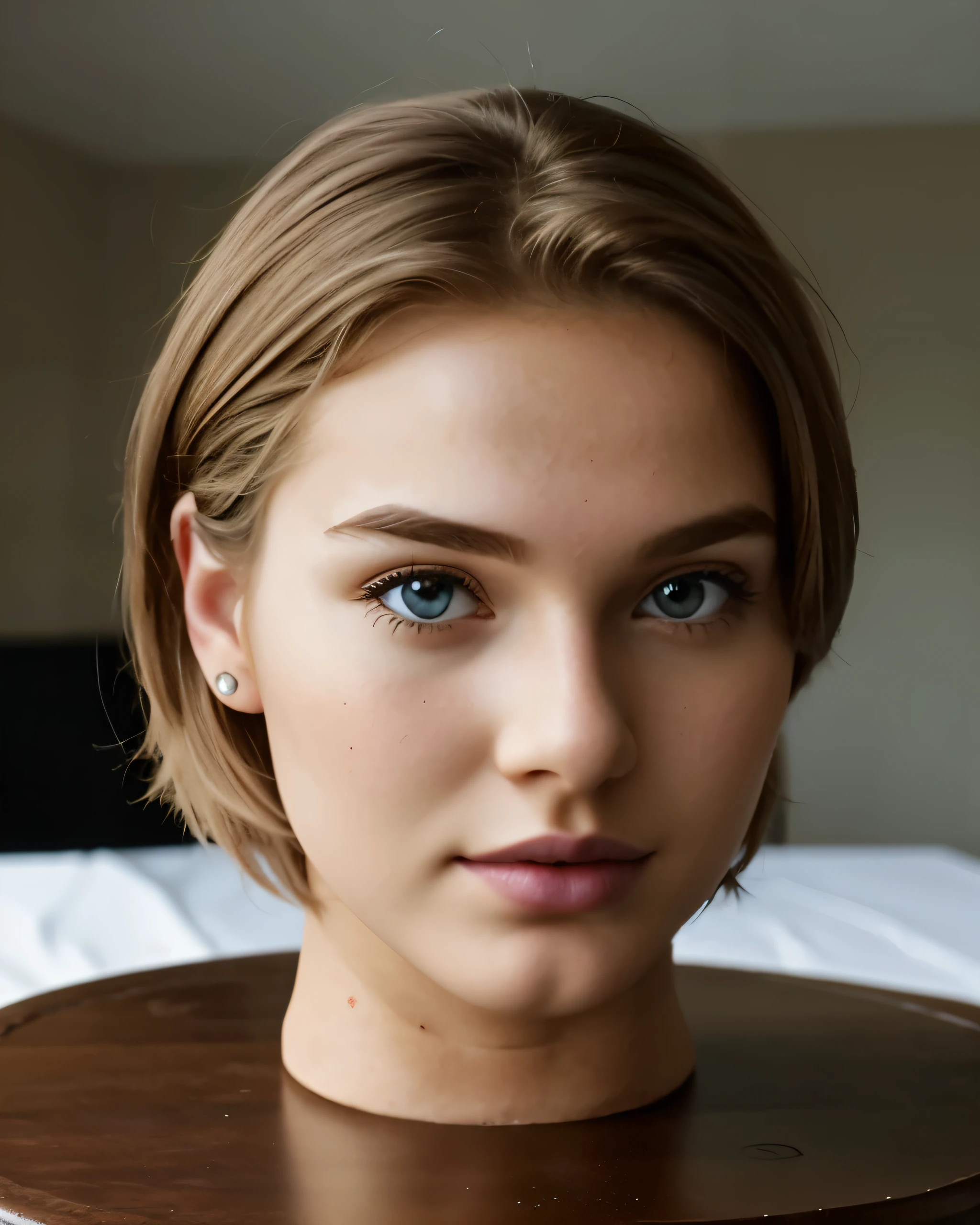 ((disembodied head on table)), headless, beautiful teen, young, realistic skin, short blonde brown hair, wearing makup, (realistic), realistic indoor lighting, (best image, best quality)