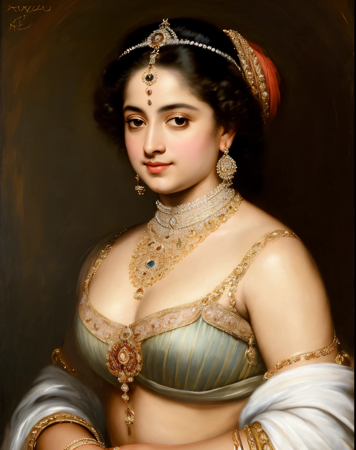 Indian princess, Rajkanya, royal clothes, Masterpiece, extremely gorgeous woman, matchless Beauty, portrait, Peter Paul Rubens style, Woman, off shoulder bandeau crop blouse, middle ages, classicism, andrey atroshenko style, painting, long hair, styled hair, traditional media, realistic, figurative, fine art, detailed Art, oil on canvas, HDR, 8K, original character, high resolution, high detail, focus on the face, intricate, flawless, fluffy hair, Peter Paul Rubens style, By Peter Paul Rubens