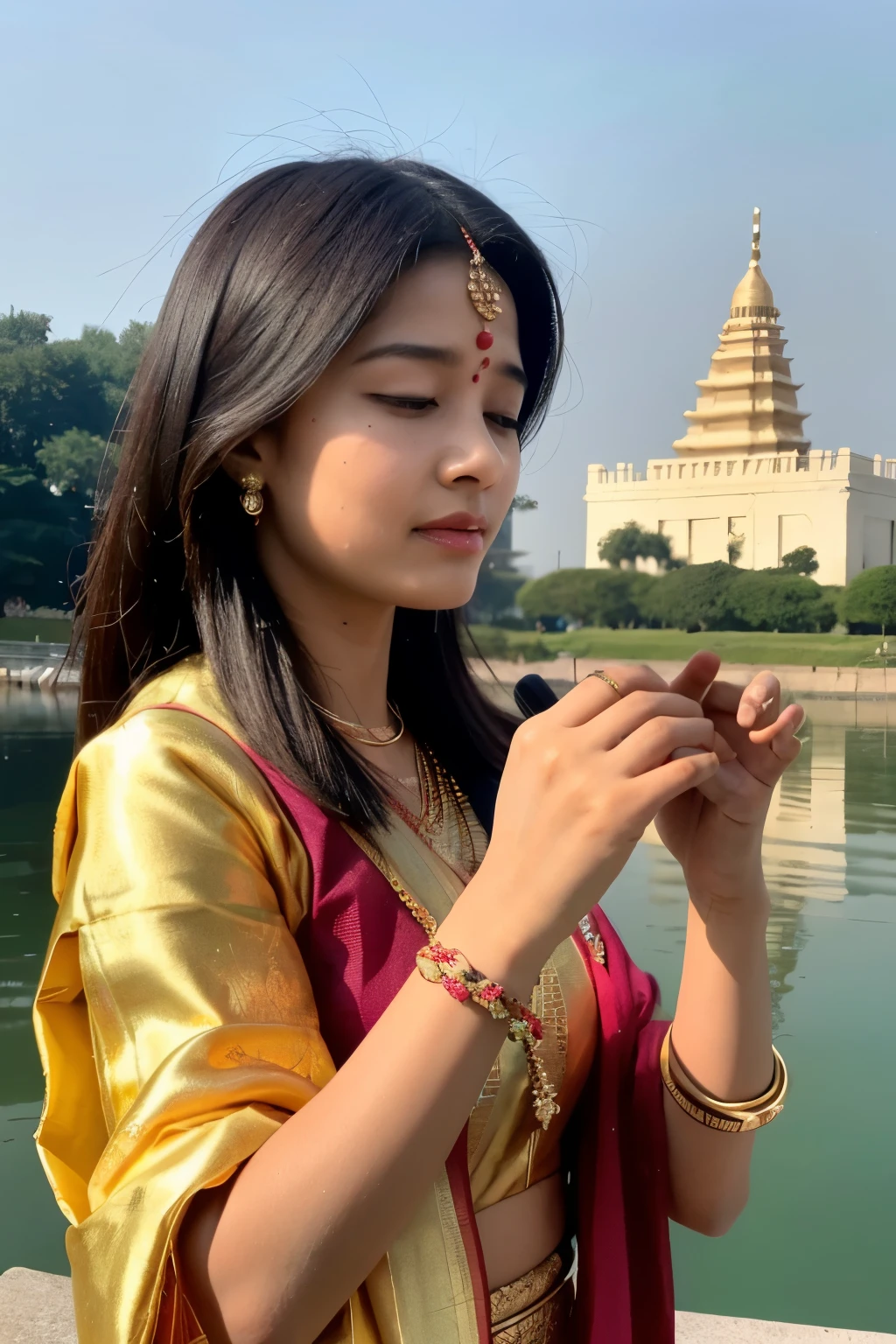 ((best quality)), ((masterpiece)), (detailed), perfect face. Indian ladies offer worship to God at the bang of beautiful river side temple.