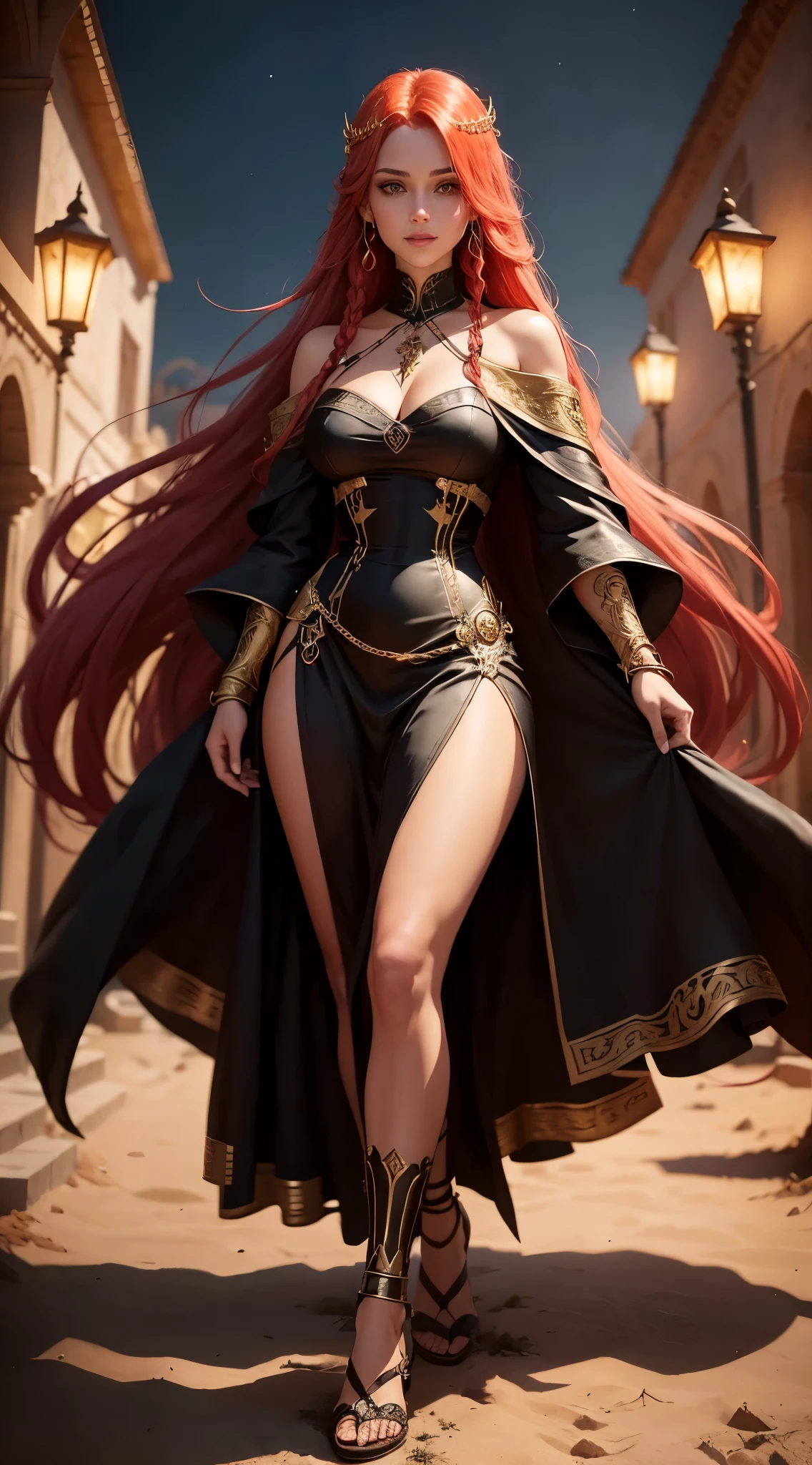 estilo rpg, woman with long braided red hair, olhos verdes, shy smile on your face, ela tem por volta de 24 anos. She is wearing a black dress with red and gold embellishments. The dress is long and covers the entire body, ela'um vestido bem comportado. She is also wearing flat gold gladiator sandals... She holds a magic staff in her right hand and wears some jewelry as accessories... uma luz vermelha sutil emana dela, she is a fire sorceress. retrato de corpo todo. the background of the image is a deserted city at night, Estilo medieval