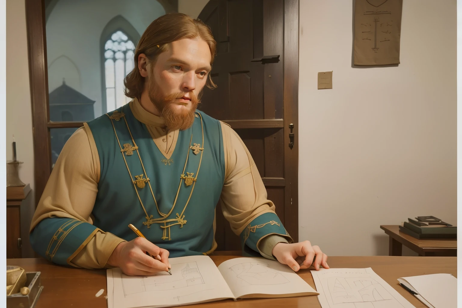 1136, Kingsbridge, England. otherworldly scene in a medieval monastery, ((((35-year-old)) bearded Sam Heughan)), drawing a sketch of a new building, ((((poor plain tunic from the 12th century)))), ((Hairstyle of the 12th century)), ((Wes Anderson cinematic style)), colorful