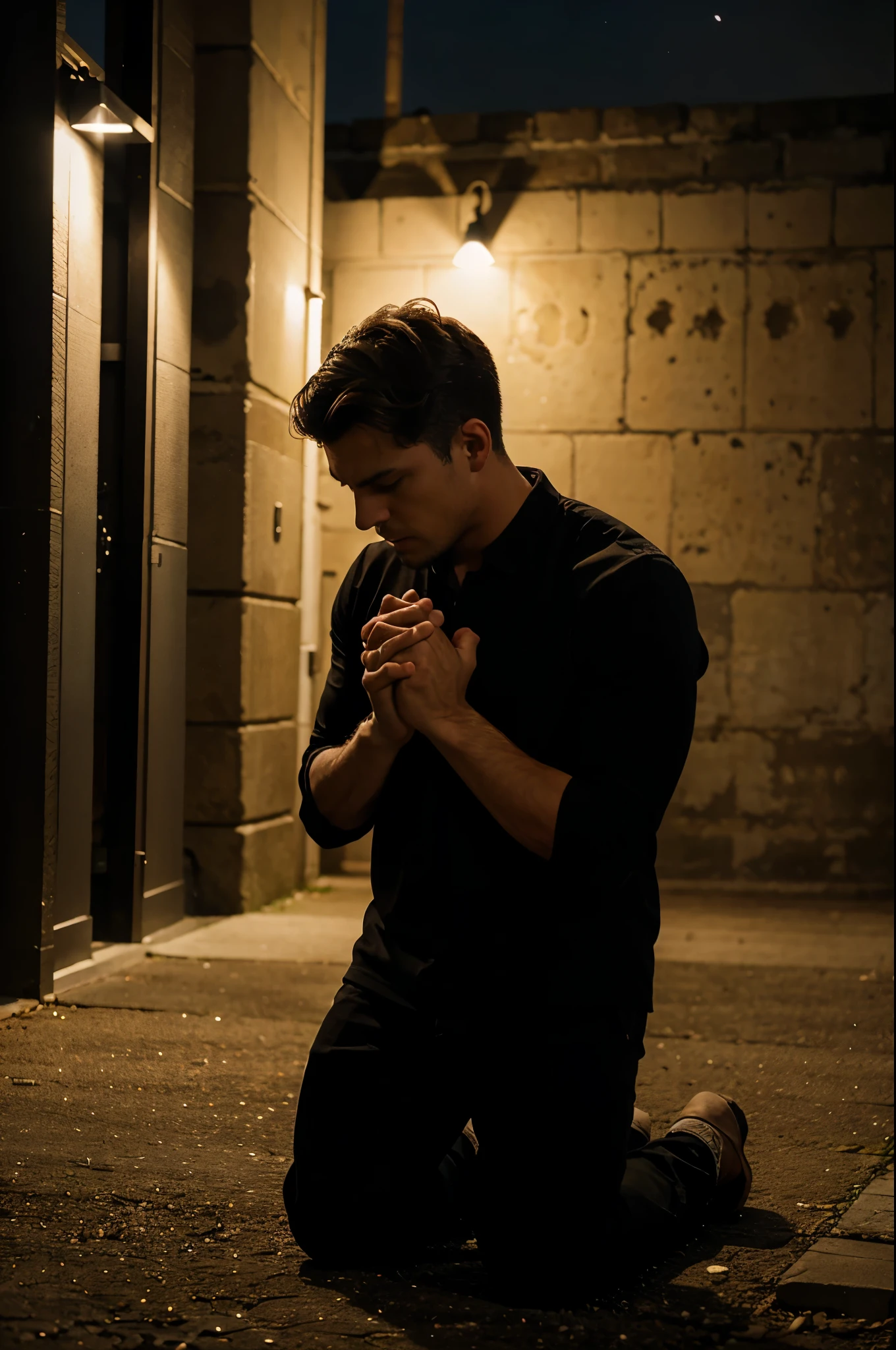 Image of a man kneeling in prayer in a nighttime environment