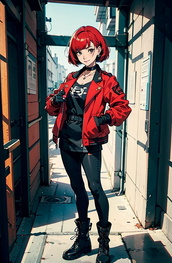 in the art style of persona 5, smal breast, delinquent, (sukeban), mature_female, blush, mature, older woman, 25 years old, Sukeban teacher outfit, (1girl, solo female, solo, solo focus)++++, choker, sukeban school teacher, sukeban school fighter, long_sleeves, open jacket, blue jacket, jean, light skin tone female, full body, jacket, biker jacket, tape, arm_support, gloves, red_gloves, bridal gauntlets, nail polish, boots, hioots, black_footwear, fighter outfit, full body, hourglass, mature face, cheeky smile, cheeky face, wrinkles, (red hair, short hair, bob cut, earrings, ear piercings), red eyeighting art, Martial arts, standing, fighting_stance, fight, fighting), extra colors, 2D, megapixel, perfectionism, accent lighting, full HD , (Masterpiece:1.2), (full-body-shot:1),(cowboy shot:1.2), (Highly detailed:1.2),(Detailed Face:1.2), Colorful, A detailed eye, (Detailed landscape:1.2), (natural lighting:1.2), ((sukeban school teacher)) by Vincent Di Fate: Aidyllery, Anamorphic Shot, rule of thirds, face by Artgerm and WLOP,