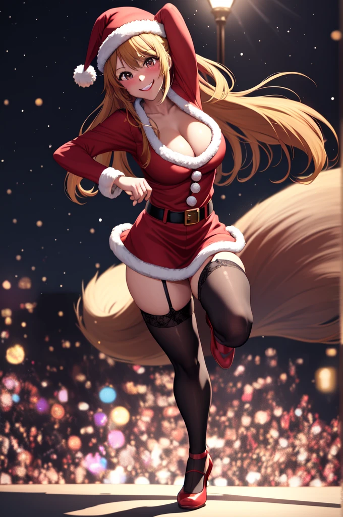 anime, beautiful face, highly detailed face, 2 accurate legs, detailed eyes, highly detailed background, perfect lighting, accurate arms, accurate hands, accurate fingers, full body, 1girl, solo, ruby hoshino, oshi no ko, female santa, sexy santa outfit, santa cape, heels, thighhighs, garter stockings, absurdres, high res, ultrasharp, 8K, masterpiece, looking at viewer (dancing pose:1.2), (full body:1.4), Christmas concert, Christmas idol, performing, on stage, dancing, smiling with compassion, mouth open smile, full of delight, blushed, cleavage, breast, leaning_forward, sntdrs