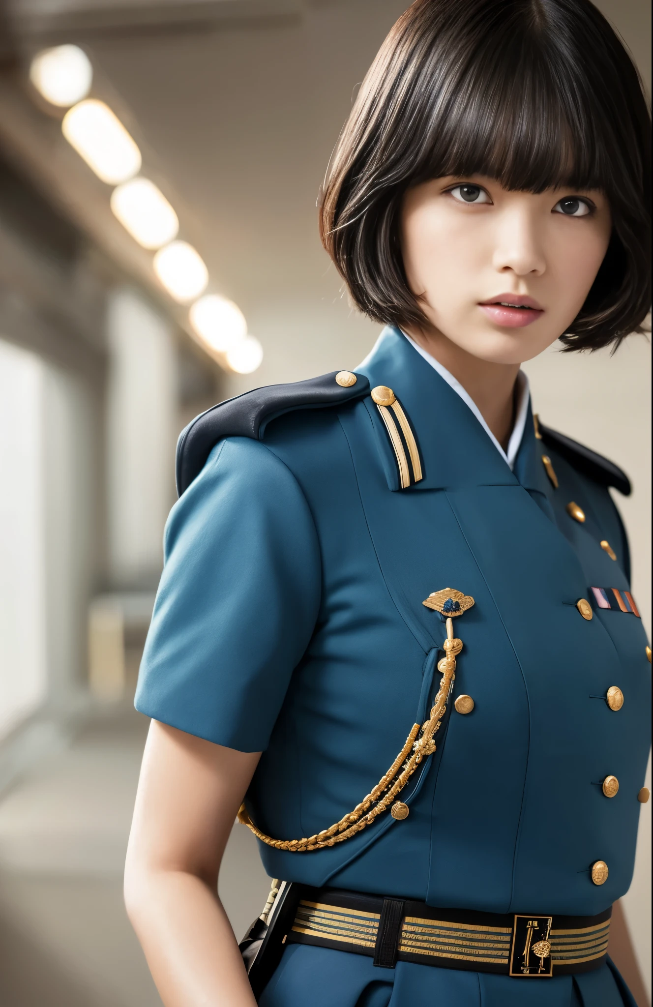 (Top resolution, Distinct_image), Best Quality, masutepiece, Highly detailed, semi - realistic, Woman with black shoulder length hair, black pupils, Mature, Mature woman, Imperial sister, Sexy, Short hair, Triple bangs, Light blue uniform, Light blue uniform jacket, soldier, light blue pleated skirt, Military uniform, Fighter Front, Future, Science fiction, universe