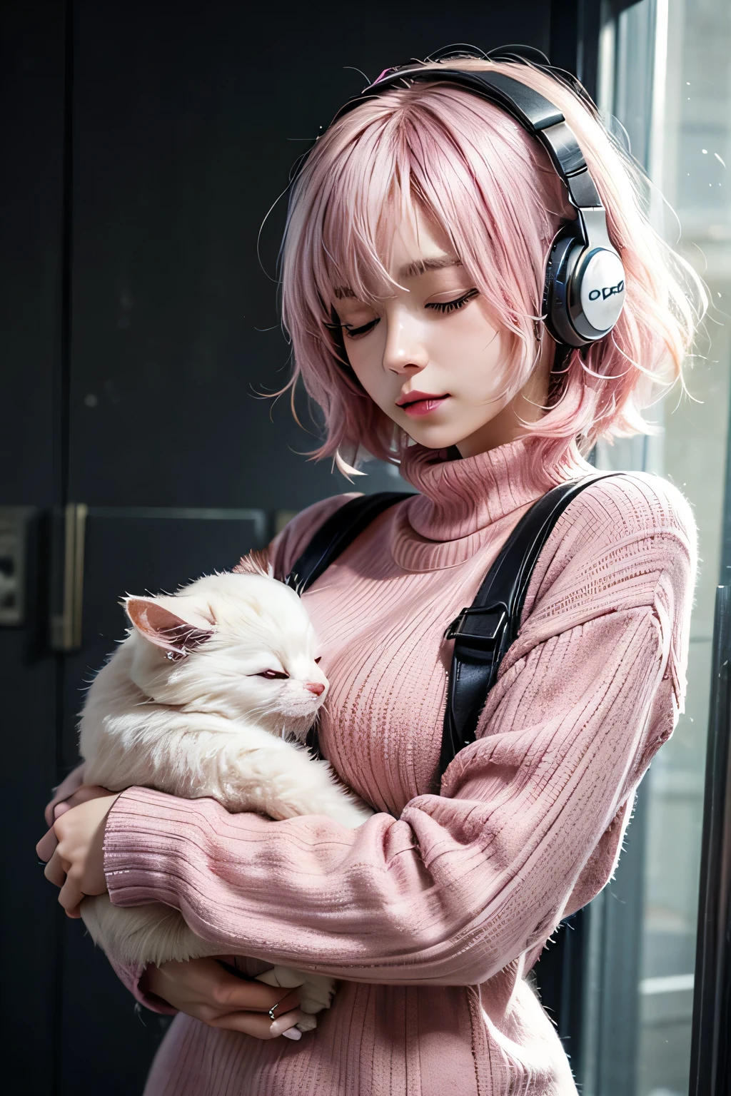 ultra-definition, ​masterpiece, 1girll, 22yo, Korean Girl, (short heads, scruffy_heads, Light pink heads), thick padded jumper, sony headphones, closing eyes, faint smile, upper half body,