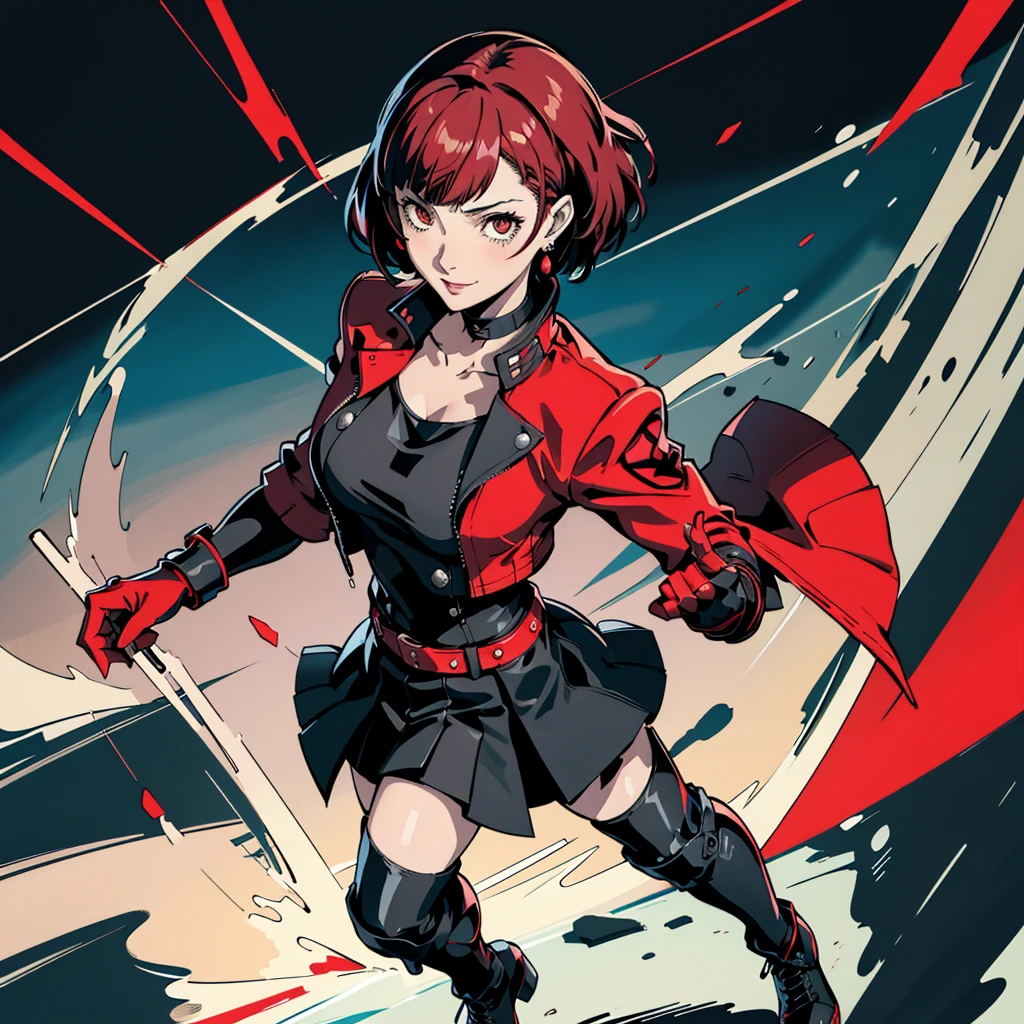 in the art style of persona 5, smal breast, delinquent, (sukeban), mature_female, blush, mature, older woman, 25 years old, Sukeban teacher outfit, (1girl, solo female, solo, solo focus)++++, choker, sukeban school teacher, sukeban school fighter, long_sleeves, open jacket, blue jacket, jean, light skin tone female, full body, jacket, biker jacket, tape, arm_support, gloves, red_gloves, bridal gauntlets, nail polish, boots, hioots, black_footwear, fighter outfit, full body, hourglass, mature face, cheeky smile, cheeky face, wrinkles, (red hair, short hair, bob cut, earrings, ear piercings), red eyeighting art, Martial arts, standing, fighting_stance, fight, fighting), extra colors, 2D, megapixel, perfectionism, accent lighting, full HD , (Masterpiece:1.2), (full-body-shot:1),(cowboy shot:1.2), (Highly detailed:1.2),(Detailed Face:1.2), Colorful, A detailed eye, (Detailed landscape:1.2), (natural lighting:1.2), ((sukeban school teacher)) by Vincent Di Fate: Aidyllery, Anamorphic Shot, rule of thirds, face by Artgerm and WLOP,