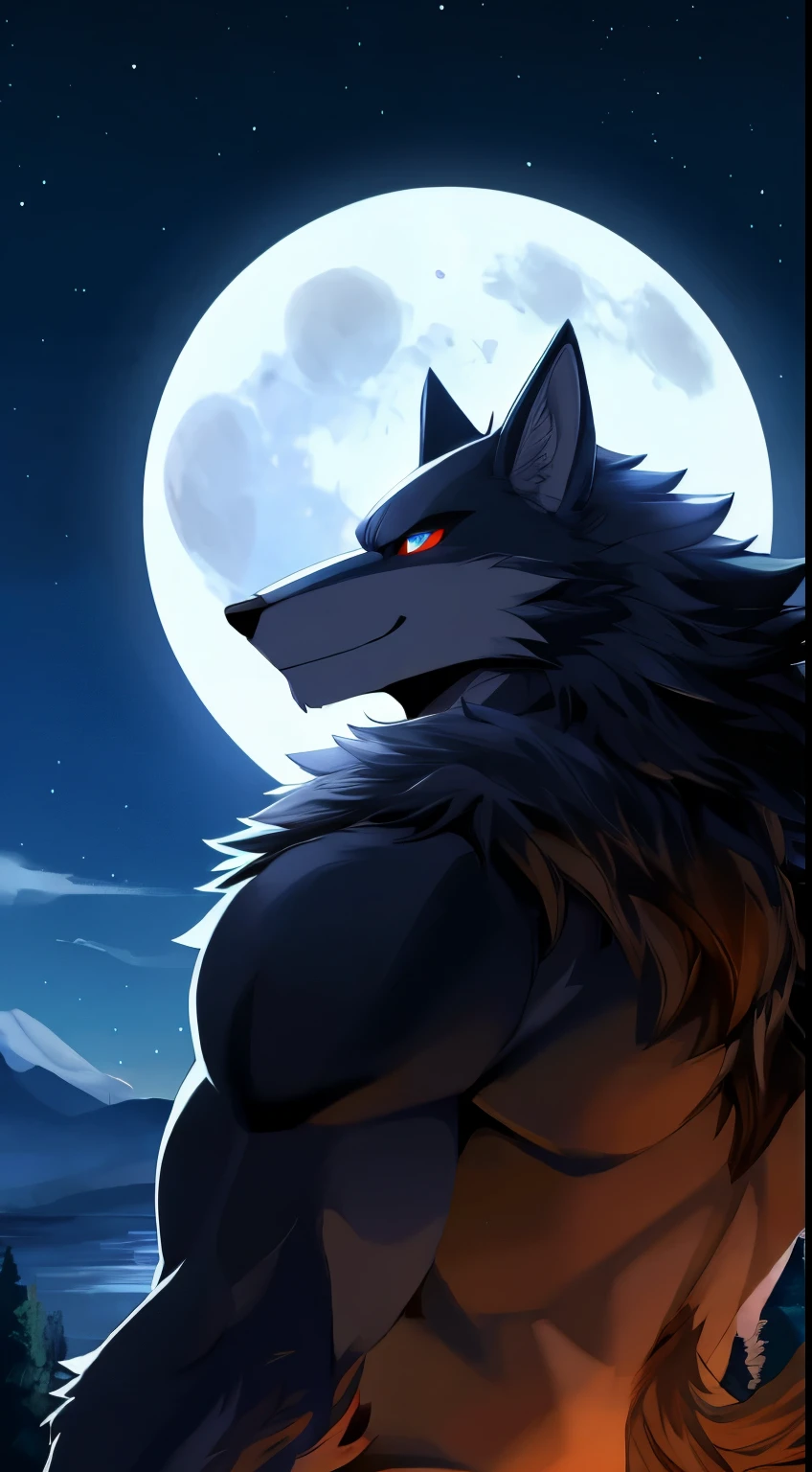 Midnight Forest A white wolf, illuminated by the full moon from behind, stares at me with a sharp gaze.