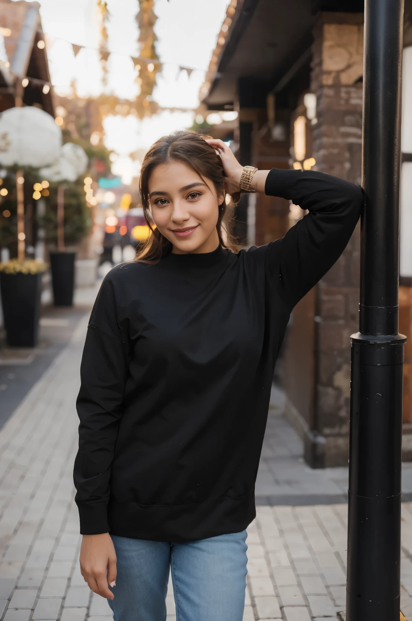 (Photorealista), beautiful lighting, La mejor calidad, realista, Imagen real, Detalles intrincados, Profundidad de campo, 25 year old girl with long brown hair., Christmas tree outside at night background, ella es muy bonita y sonriente, ella lleva una dulce camisa negra, Sin impresiones, ella tiene una sonrisa muy bonita, muy detallado, Cara perfecta, brown eyes, labios, caderas anchas, small waist, promedio, maquillaje, Fujifilm XT3, al aire libre, Bright day, beautiful lighting, Foto RAW, 8k UHD, Film grain, ((Bokeh))