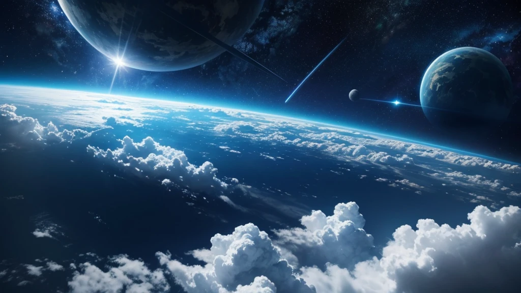 Scenery of a sky overlooking space, several clouds, well decorated, epic, fantasy, orchestral, 4k, cinematic, Without any structures, Until Night