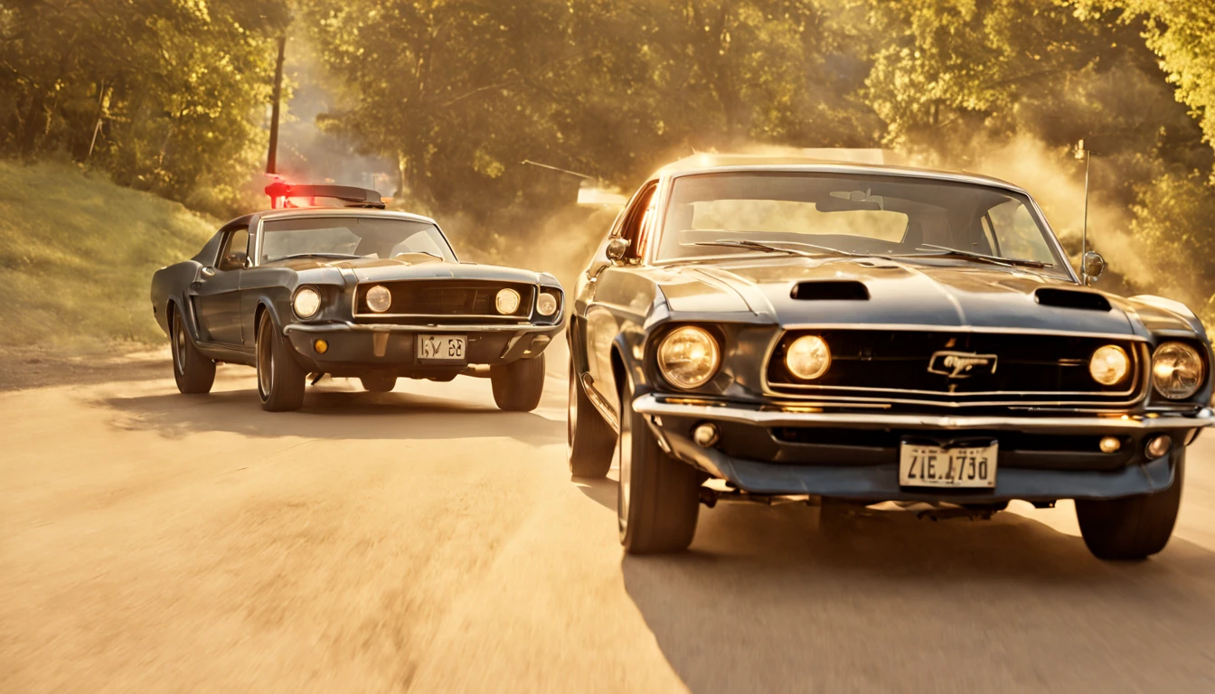 Escape: John outwits the gang, escaping their grasp and driving off into the night.
Package Contents Revealed: The package contains evidence against the gang's criminal activities. night, cinematic, lens flare, good angle, 1969 Ford Mustang.