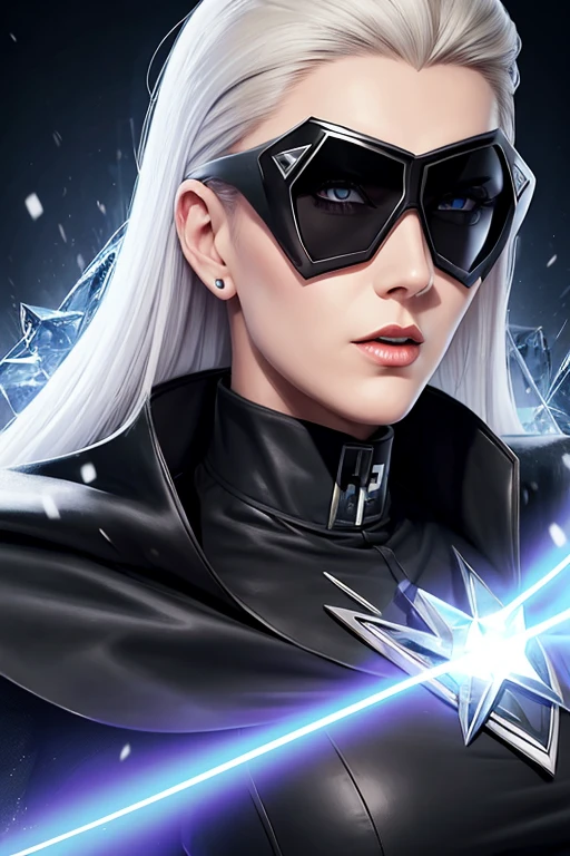 woman supervillain of ice,face detailed, using sunglasses, blue lipstick, general nazi with cape, black clothes, style nazi cleavage with cape, psycho, serial killer, beautiful, sexy, curvys