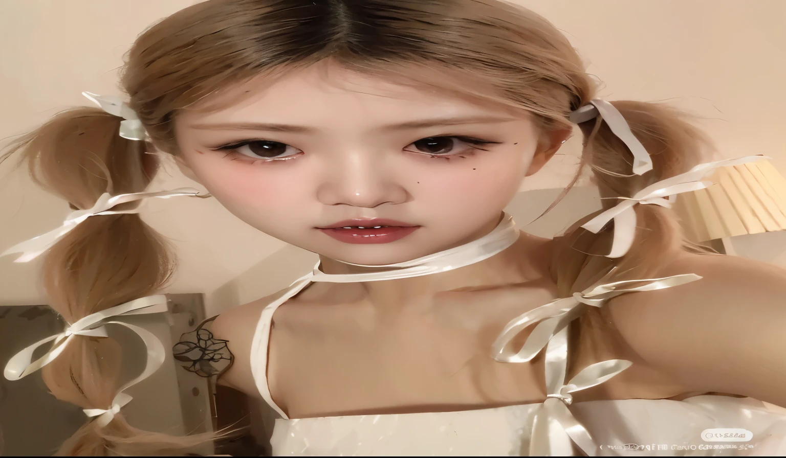 a close up of a woman with a ponytail and a white dress, pigtail, pale milky white porcelain skin, pigtails, pigtails hairstyle, belle delphine, pigtails hair, ribbon in her hair, ulzzang, korean girl, with black pigtails, skydoll noa, twintails, twintails hairstyle, loli, shikamimi