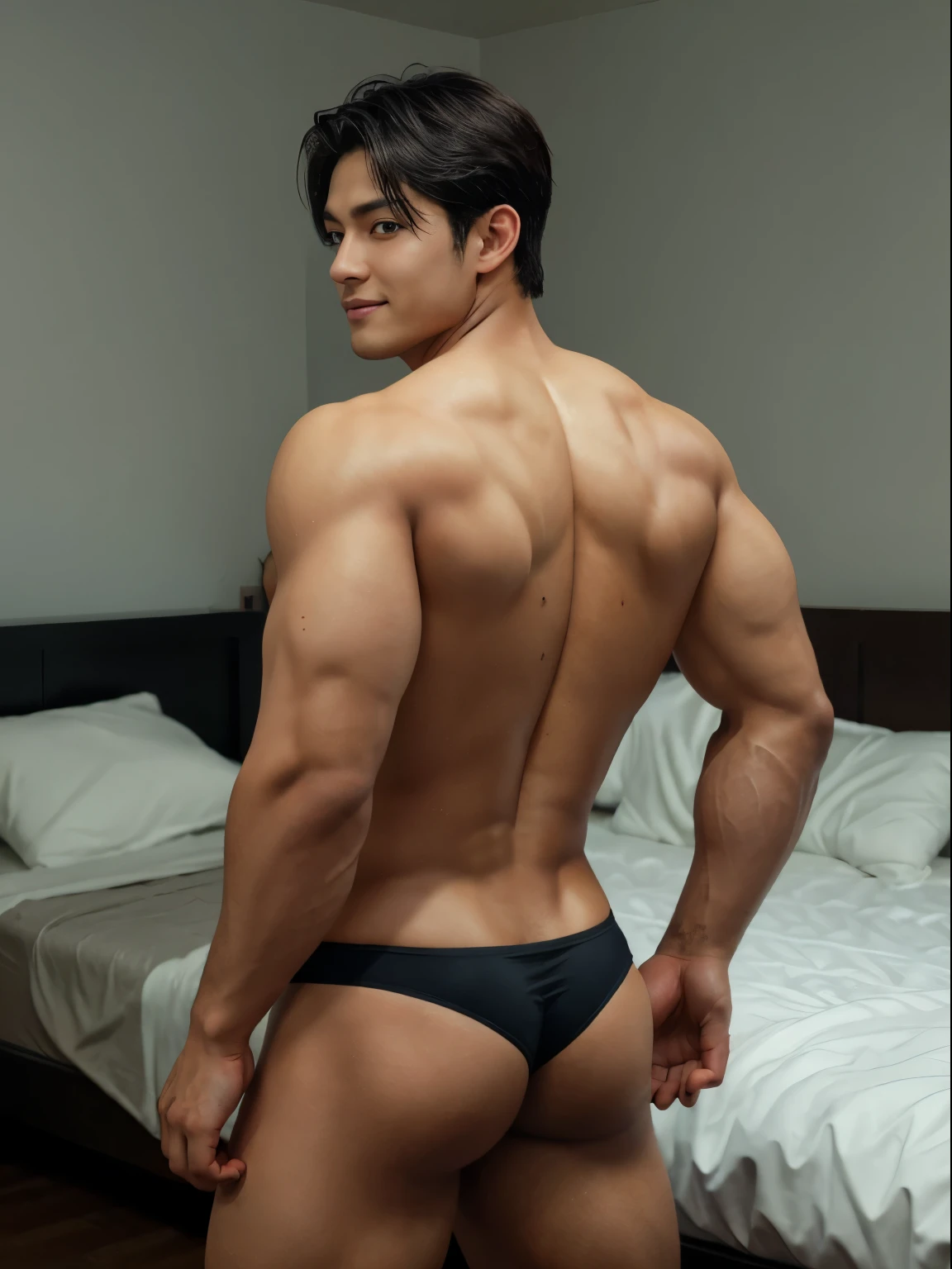 Photorealistic image, ((full body)). about a muscular athletic corean man, The body of a super-muscular trainer, (corean man with k-pop idol look), 20yo, wearing nothing but a white micro jockstrap, detailed eyes, detailed faces, a beautiful face, large open eyes ((the man laying with his back to the viewer)). Free (dynamic pose): 1, 5, (body in motion): 1, 5, smile, dimples, muscular back, 
voluptuous butt,  Masculine. full body, standing back, backwards , pale skin, with clear bright sky blue eyes, short hair, big muscular, defined muscular arms. The boy is laying with his back against the bed. Big and muscular legs, a big muscular chest, a wide and muscular back, Raised butt, ((voluptuous round butt)):1.5, (((big ass))), voluptuous crotch, hinting at a big , he wears a sexy black micro Jockstrap, wet body:1.5, drops on his body, he has a sexy, provocative expression, inviting the viewer to look at him, he looks at the camera, sexy smile and cheeks are dimpled, he is standing, you can see his beautiful butt in his provocative micro Jockstrap, (A man is at home alone, in a cozy home environment, in the evening, sleeping in the bedroom), show his movements, movements of his arms, legs, torso turns, white blanket on the big bed. A masterpiece. High-quality detailed background, detailed face and eyes, detailed proportional body, perfect eyes, photo of perfecteyes eyes,kpop,