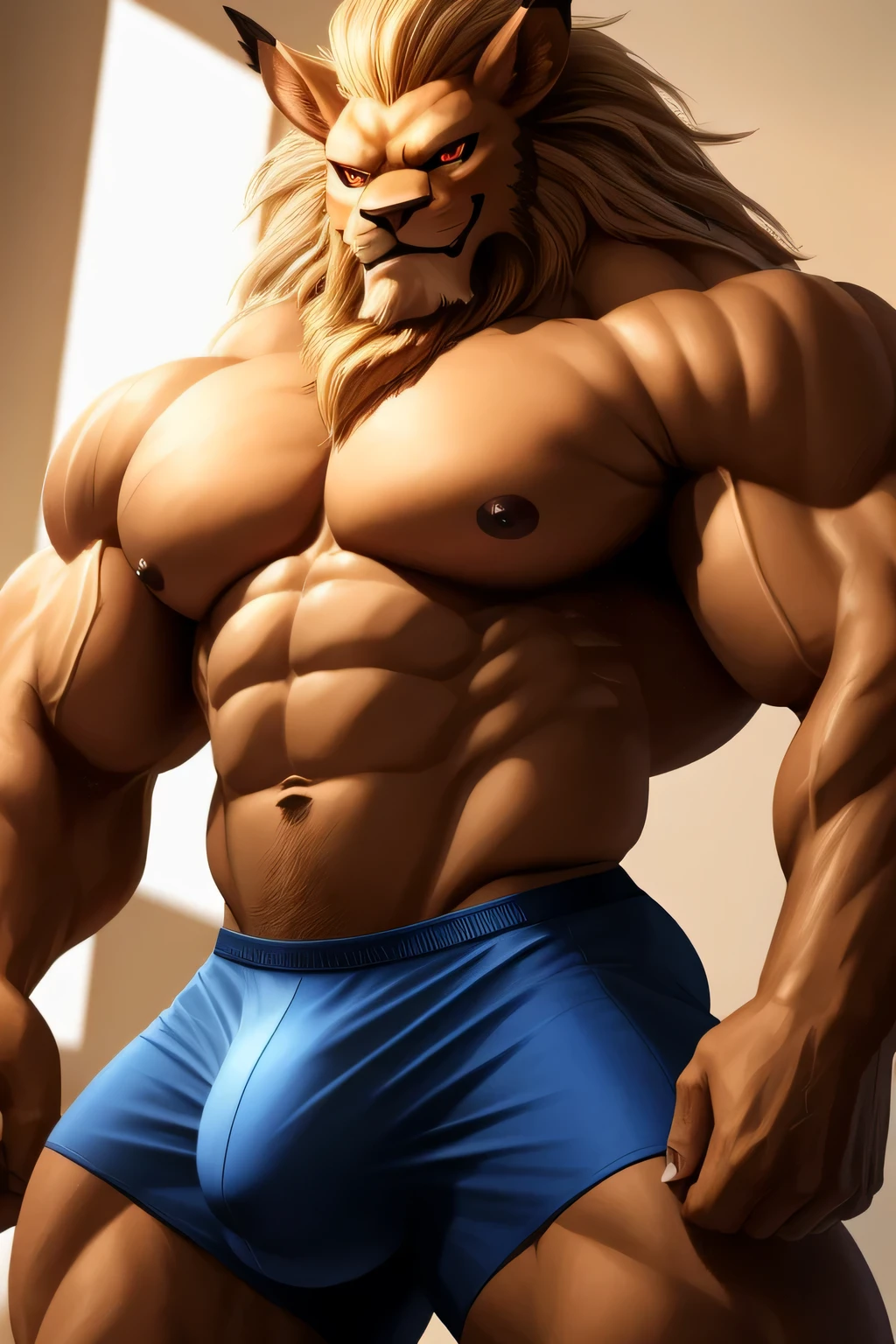 Leomon. Culturista competitivo PRO, nj5pielry, (Leomon,, Masivo, enorme, muscular, GigaChad), Leomon, Cara joven, adolescente, ((Sombras extremadamente realistas, Obra maestra, extremadamente detallado, fotorrealista)), kemono, Mirando al espectador, They are smiling, naughty expression, dientes blancos, boca ligeramente abierta, lengua roja, Leomon, ((Cara detallada)) nariz, ojos rojos, ((ojos detallados)), piel, piel, cabello, Me, Altura 3 metros de altura, The optimal height, 200 kg, body full of enorme muscles; pectorales musculares y abultados, enorme pecs, ((Masivo pectorals)) ((enorme pectorals)) ABS rasgados, Ocho abdominales, Cuerpo en forma de V, cintura gruesa, piernas largas, Brazos fuertes varoniles, cara hermosa, attractive cool calm face type with a mischievous They are smiling, Topless, protuberancia en la entrepierna, enorme, muslos musculosos, bulging biceps. Un culturista musculoso en ciernes. A potential Culturista competitivo PRO and bulging neck, bolas, penile erection