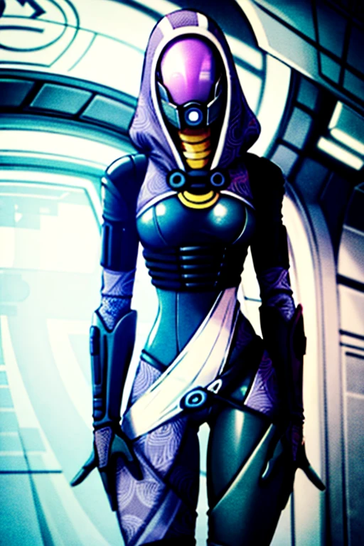 best quality, masterpiece, 1quarian, solo, tali'zorah, tali'zorah from mass effect, Quarian, hood, purple bodysuit, mask, (helmet, faceless), hood up, alien, inside